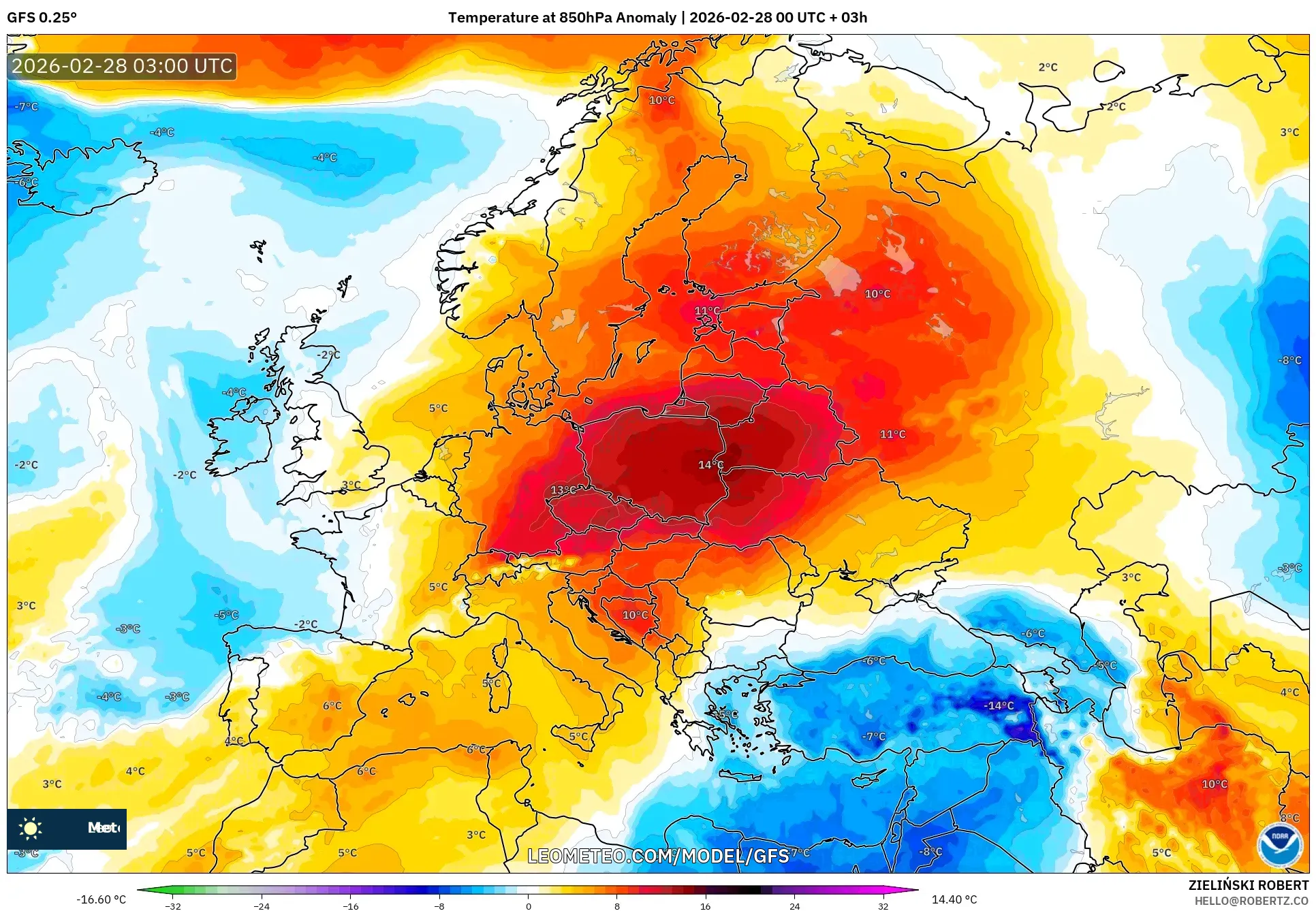 GFS model - Europa, Anomalía de temperatura a 850 hPa