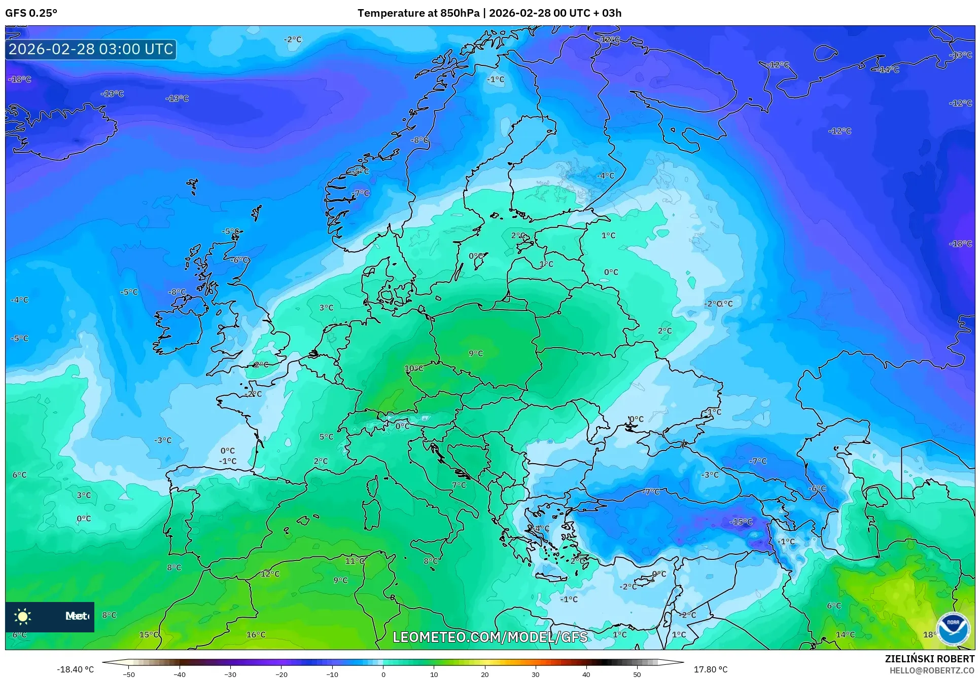 GFS model - Europa, Temperatura a 850 hPa