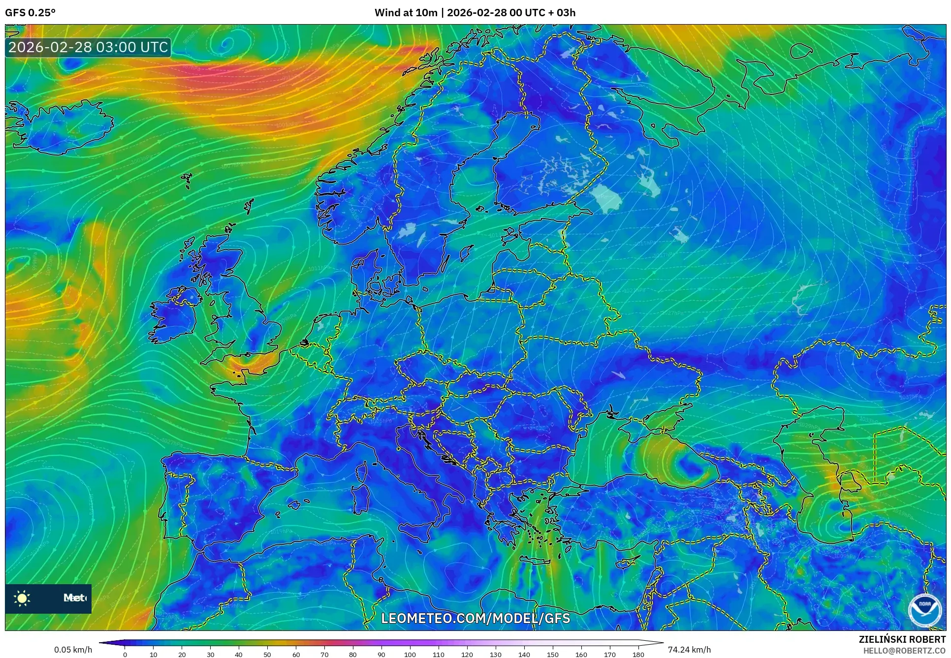 GFS model - Europa, Viento a 10 m