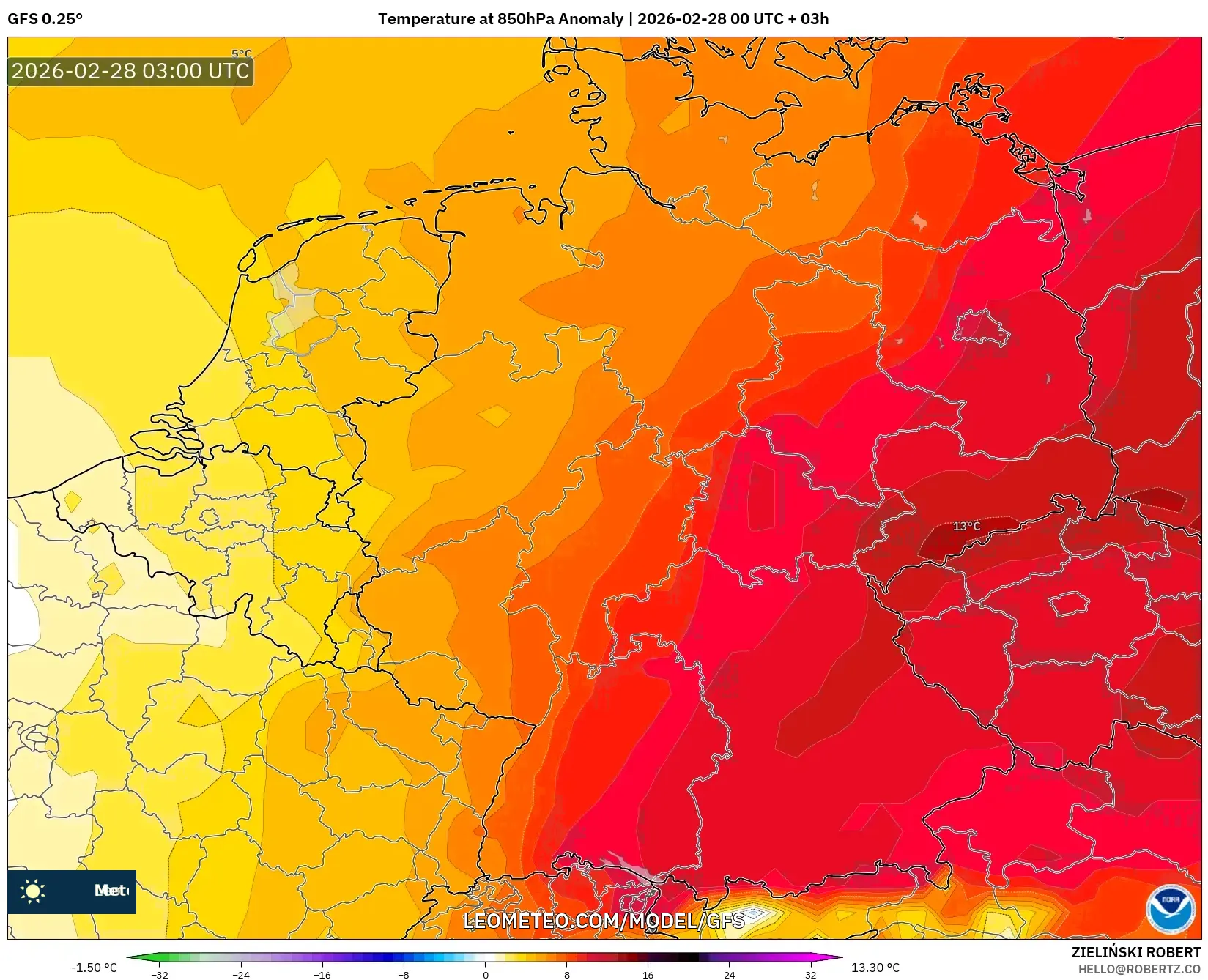 GFS model - Alemania, Anomalía de temperatura a 850 hPa