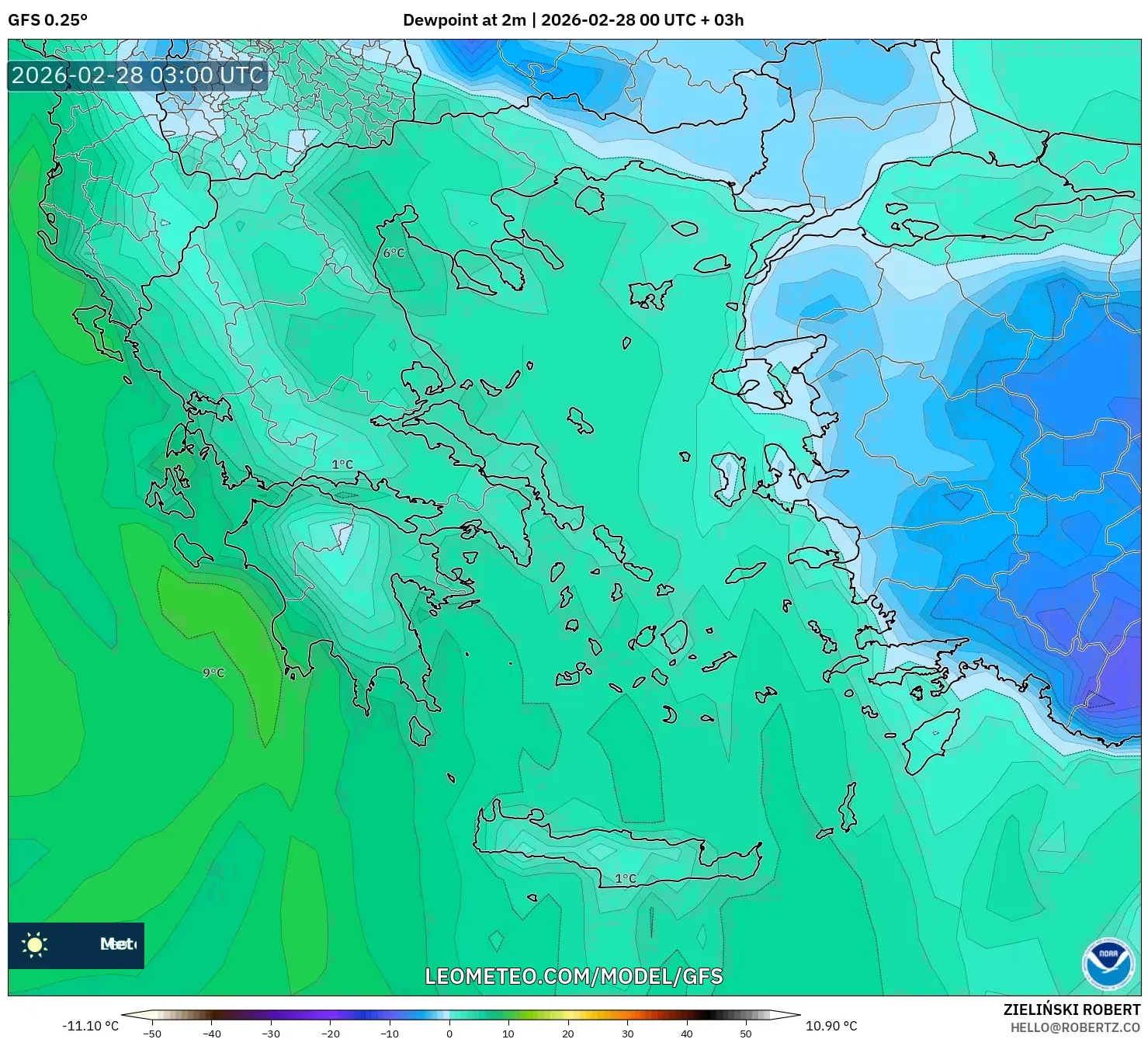 GFS model - Grecia, Punto de rocío a 2 m