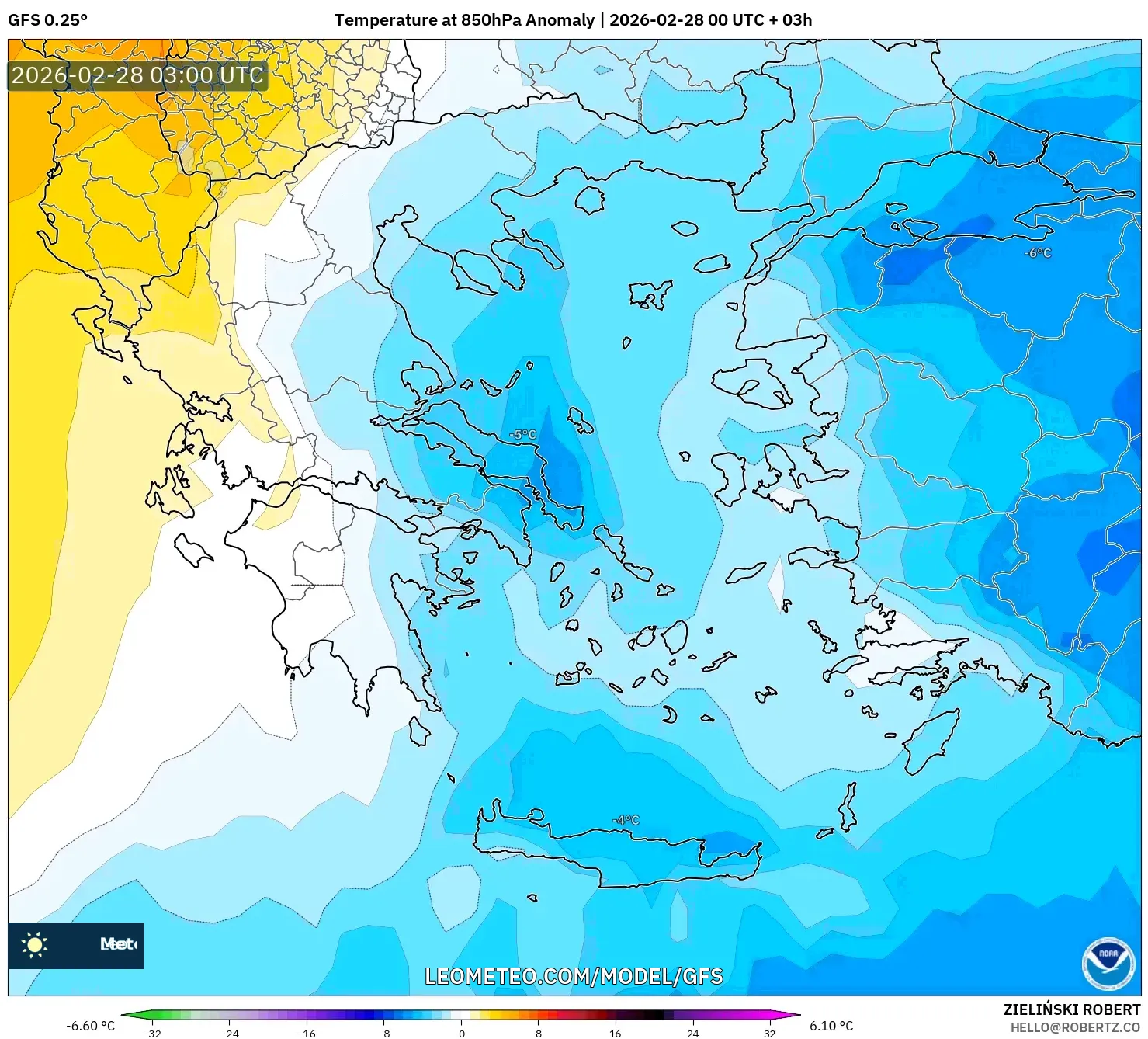 GFS model - Grecia, Anomalía de temperatura a 850 hPa