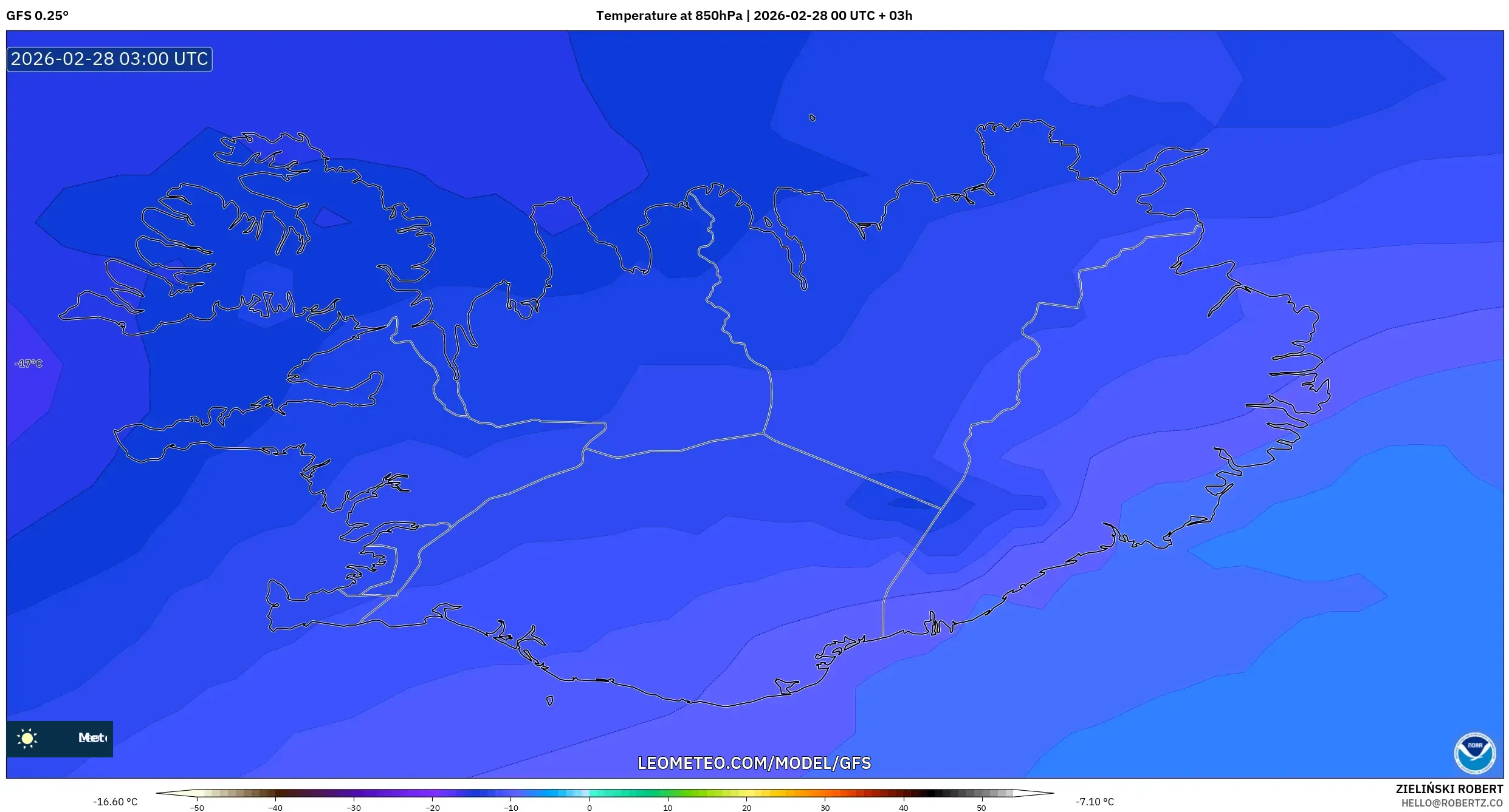 GFS model - Islandia, Temperatura a 850 hPa