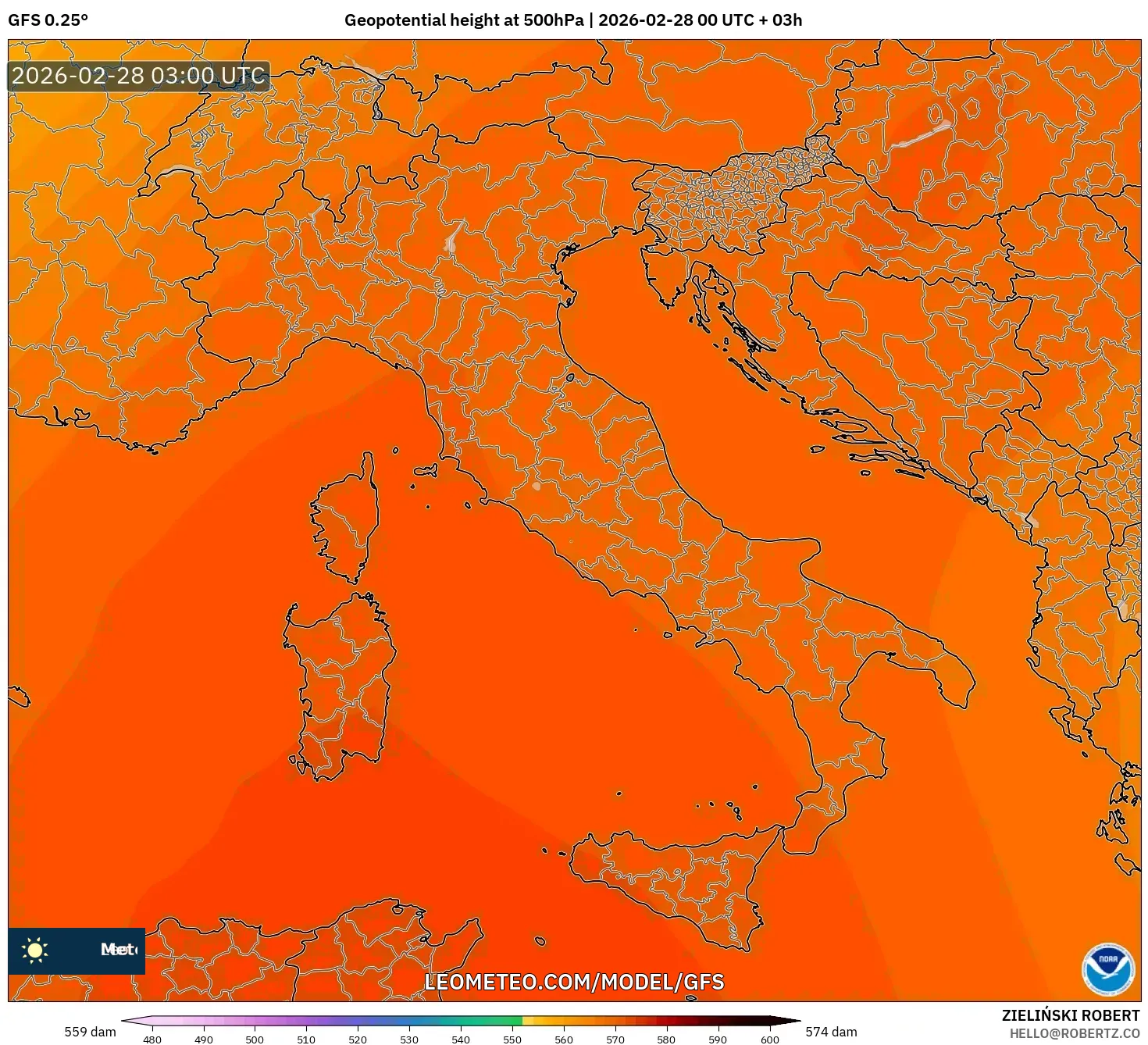 GFS model - Italia, Altura geopotencial a 500 hPa