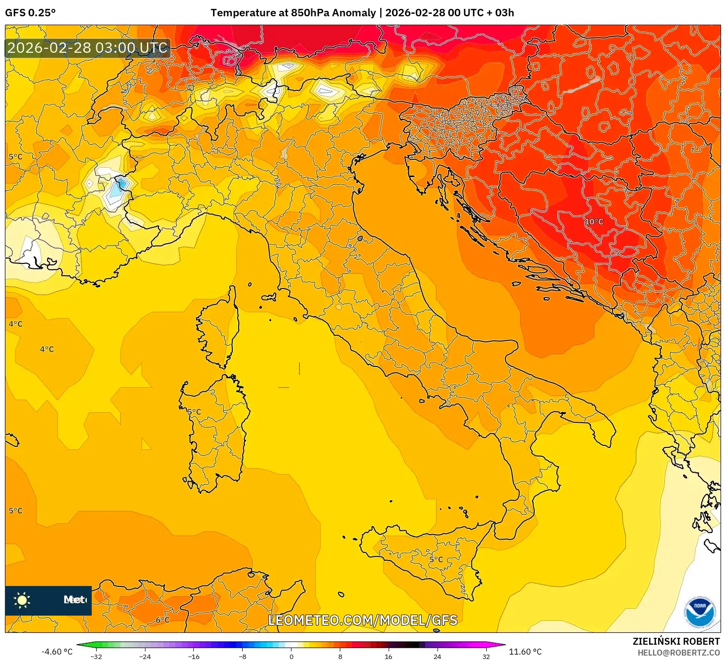 GFS model - Italia, Anomalía de temperatura a 850 hPa