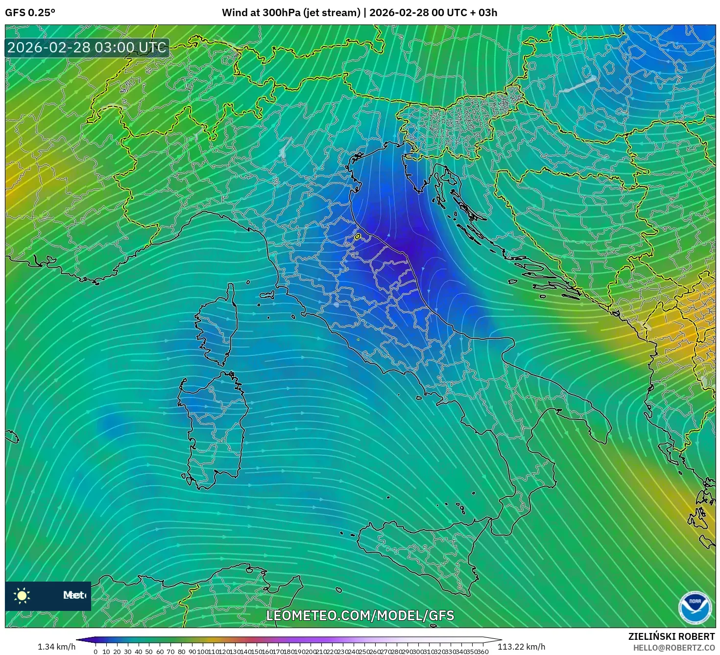GFS model - Italia, Viento a 300 hPa (corriente en chorro)