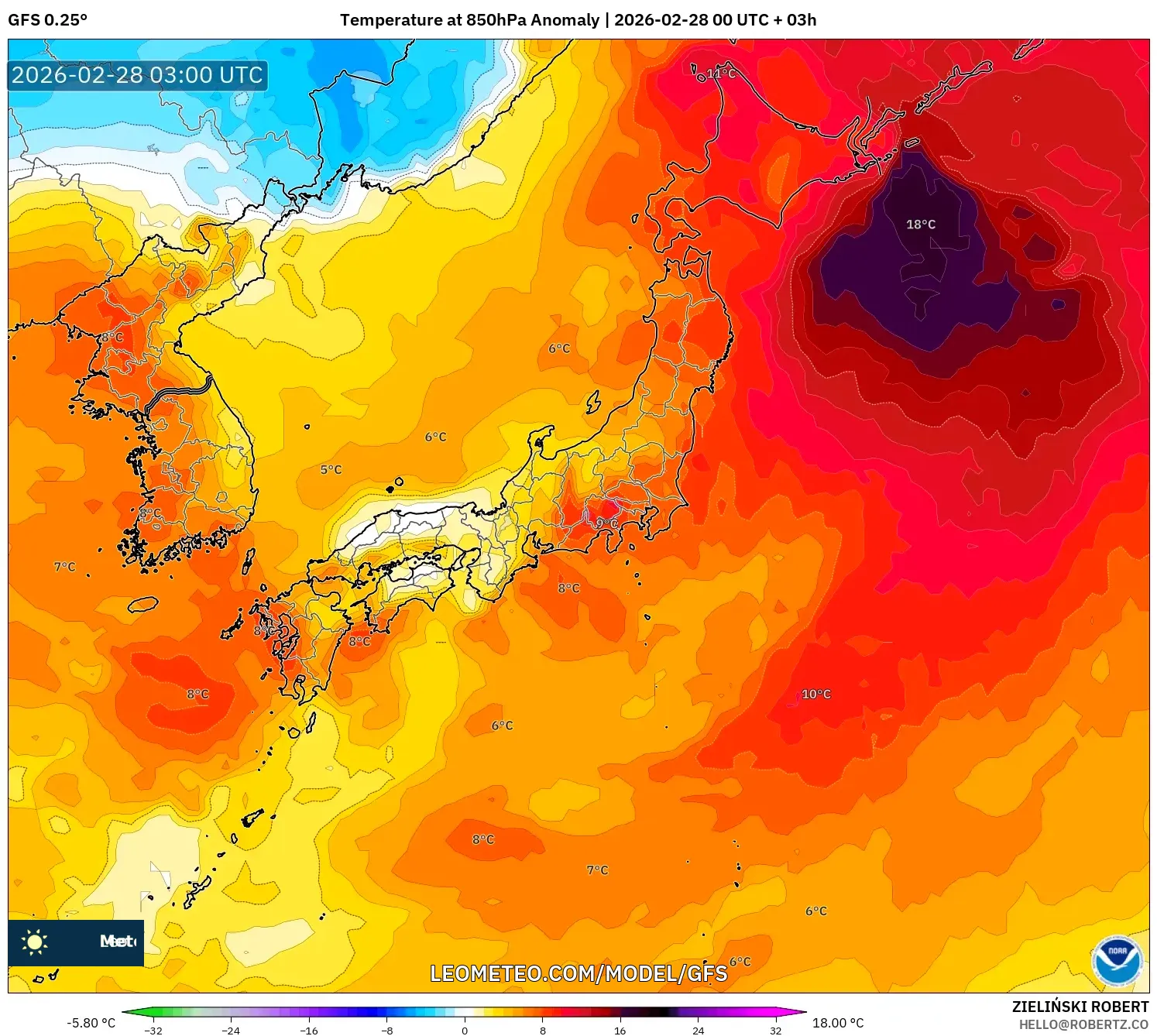 GFS model - Japón, Anomalía de temperatura a 850 hPa