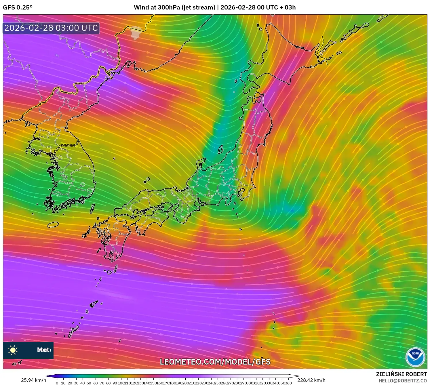 GFS model - Japón, Viento a 300 hPa (corriente en chorro)