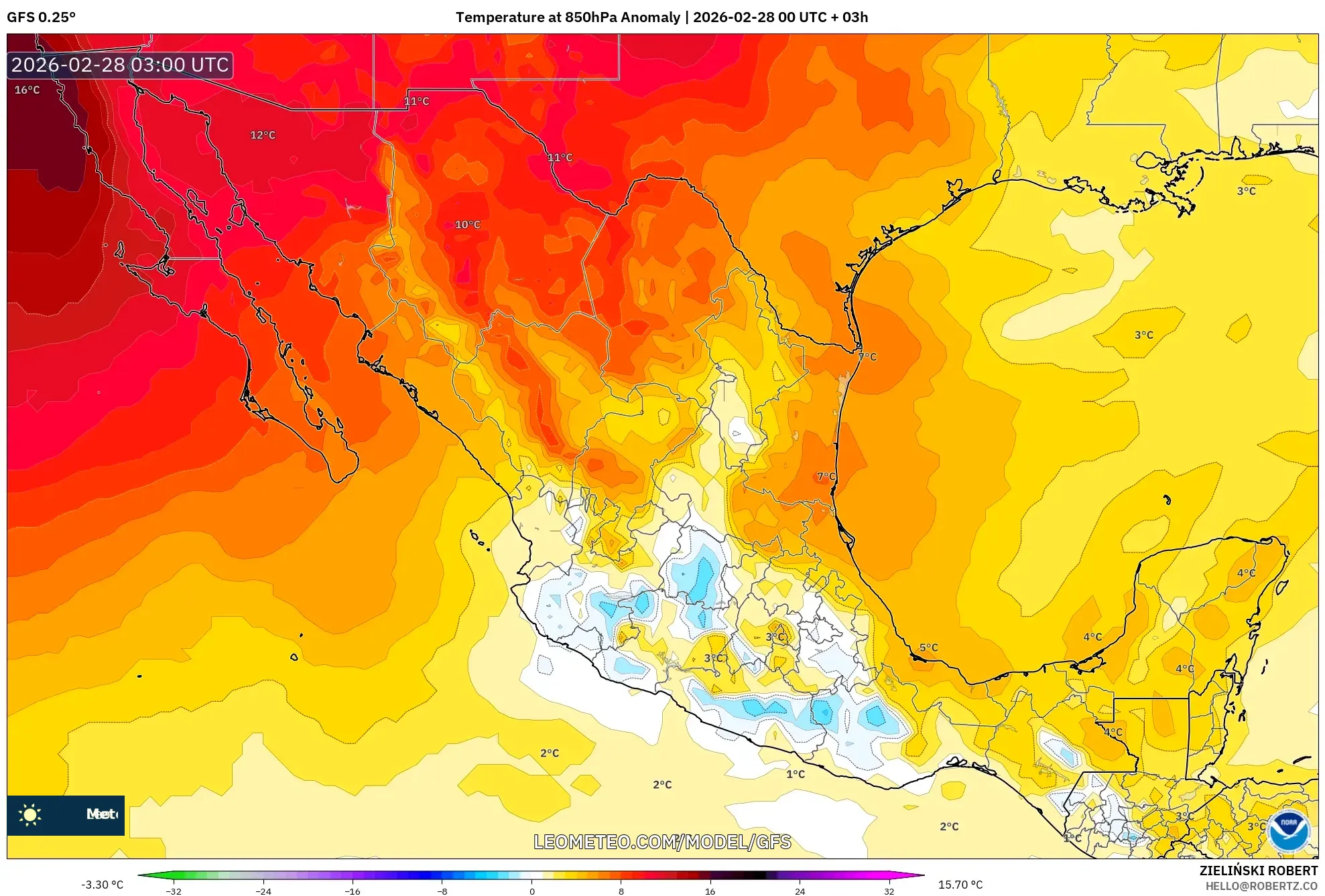 GFS model - México, Anomalía de temperatura a 850 hPa