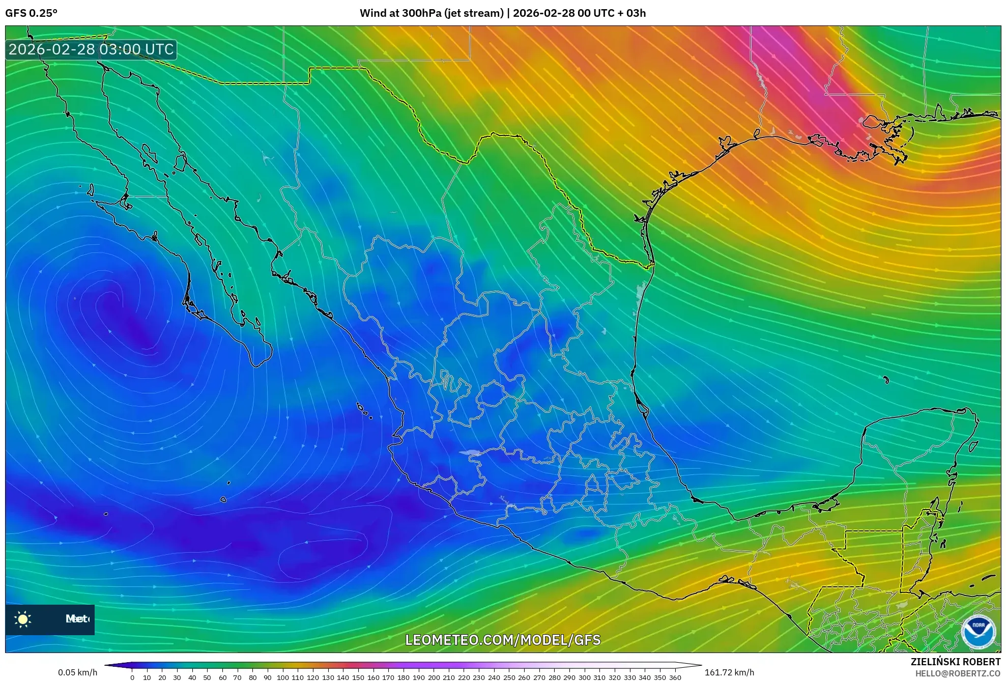 GFS model - México, Viento a 300 hPa (corriente en chorro)