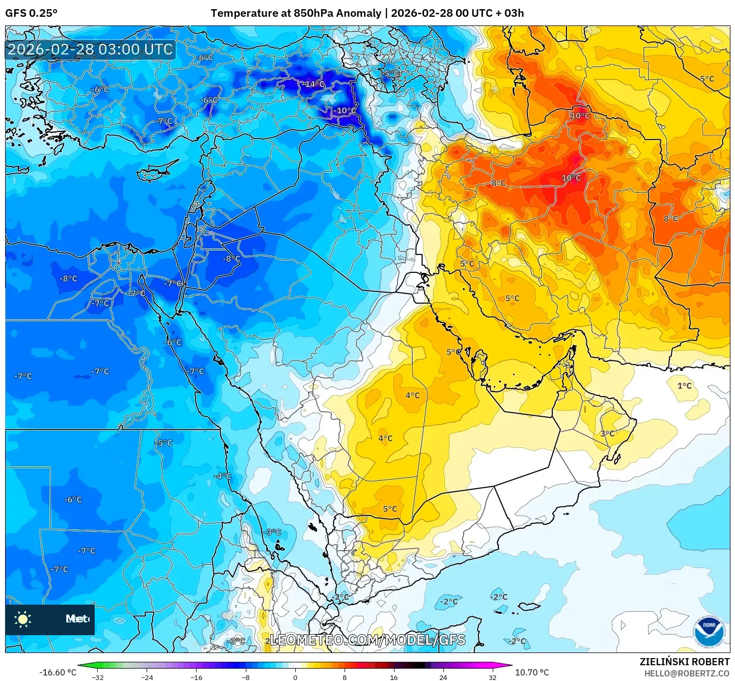GFS model - Oriente Medio, Anomalía de temperatura a 850 hPa