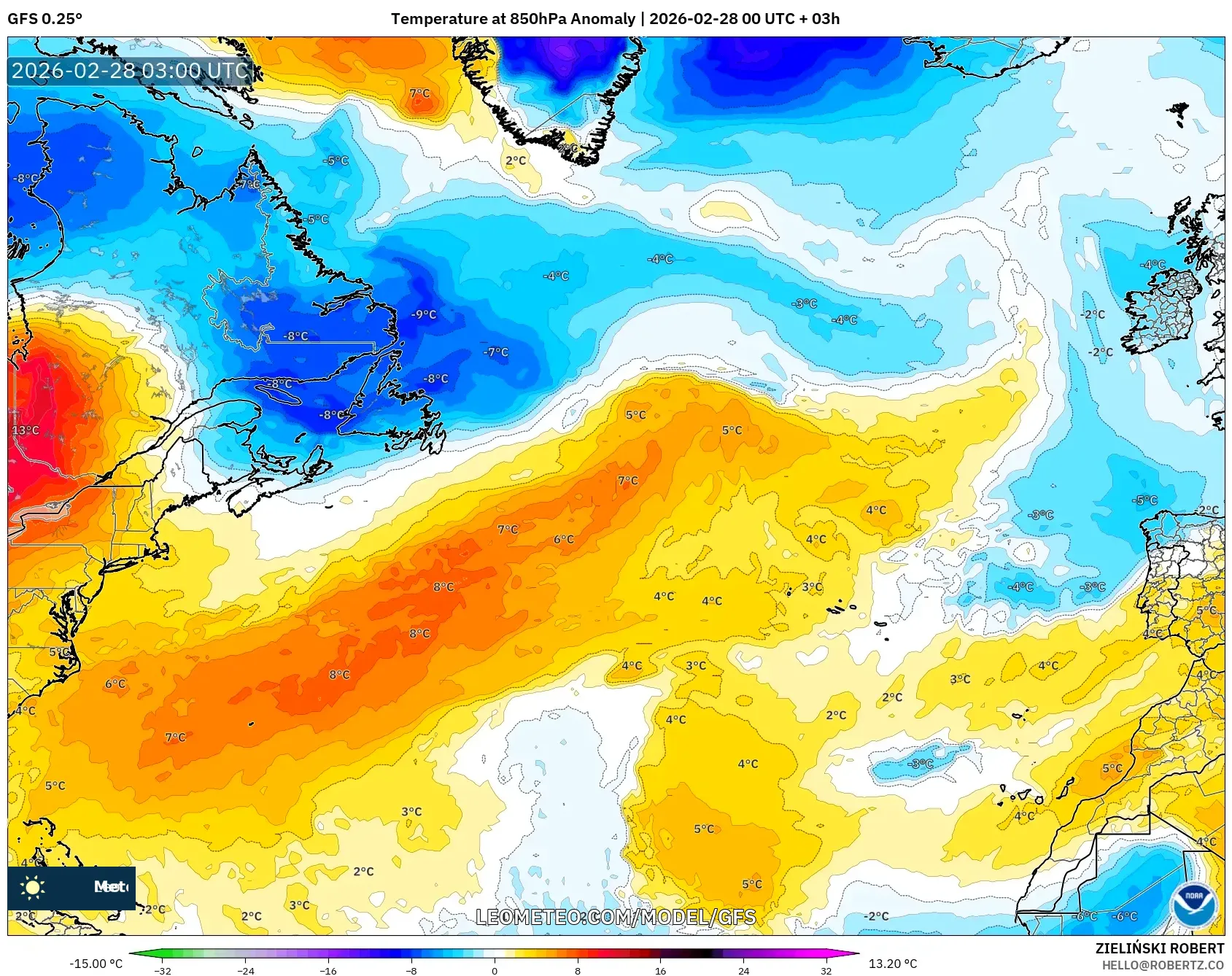 GFS model - Norte Atlántico, Anomalía de temperatura a 850 hPa