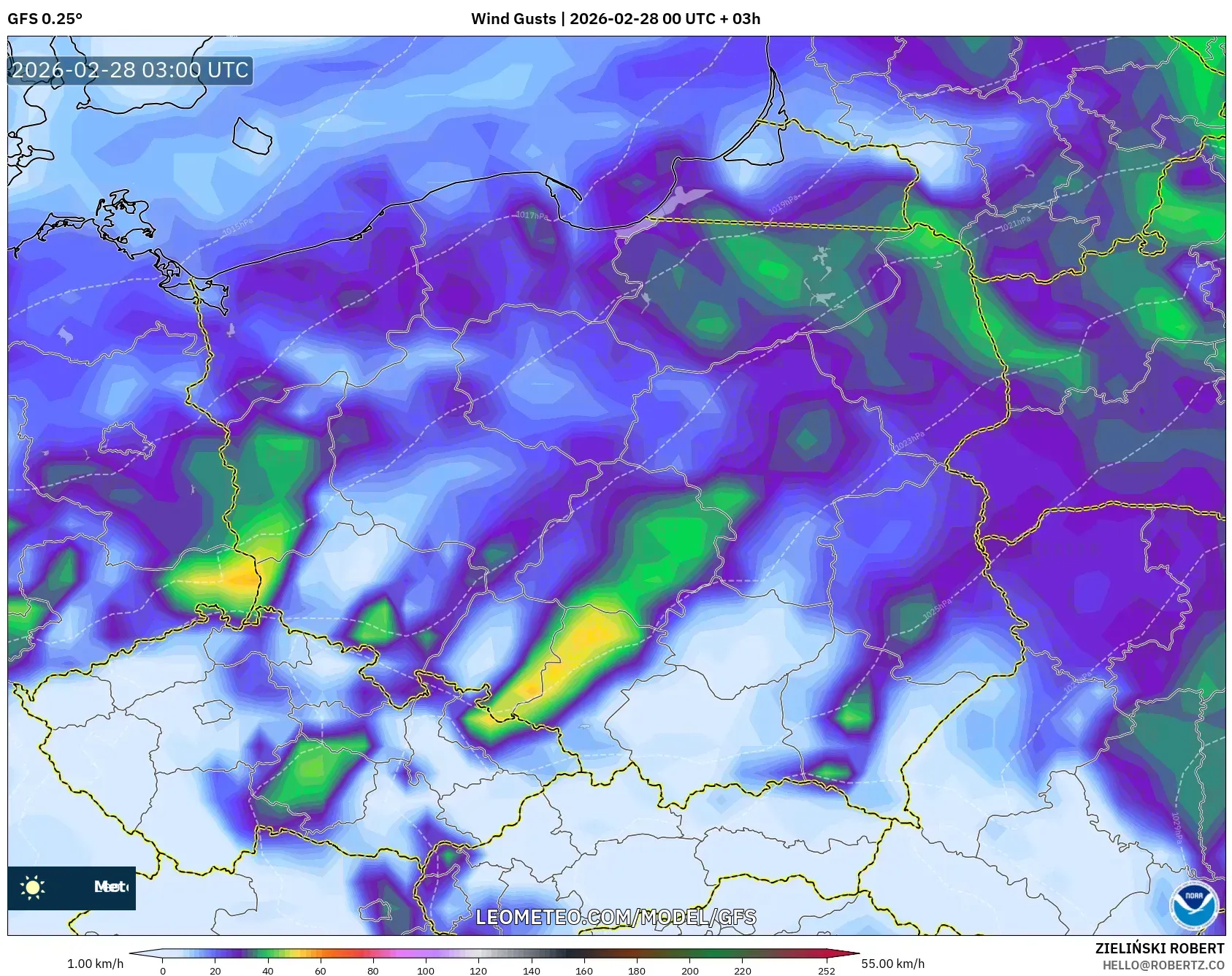 GFS model - Polonia, Ráfagas de viento