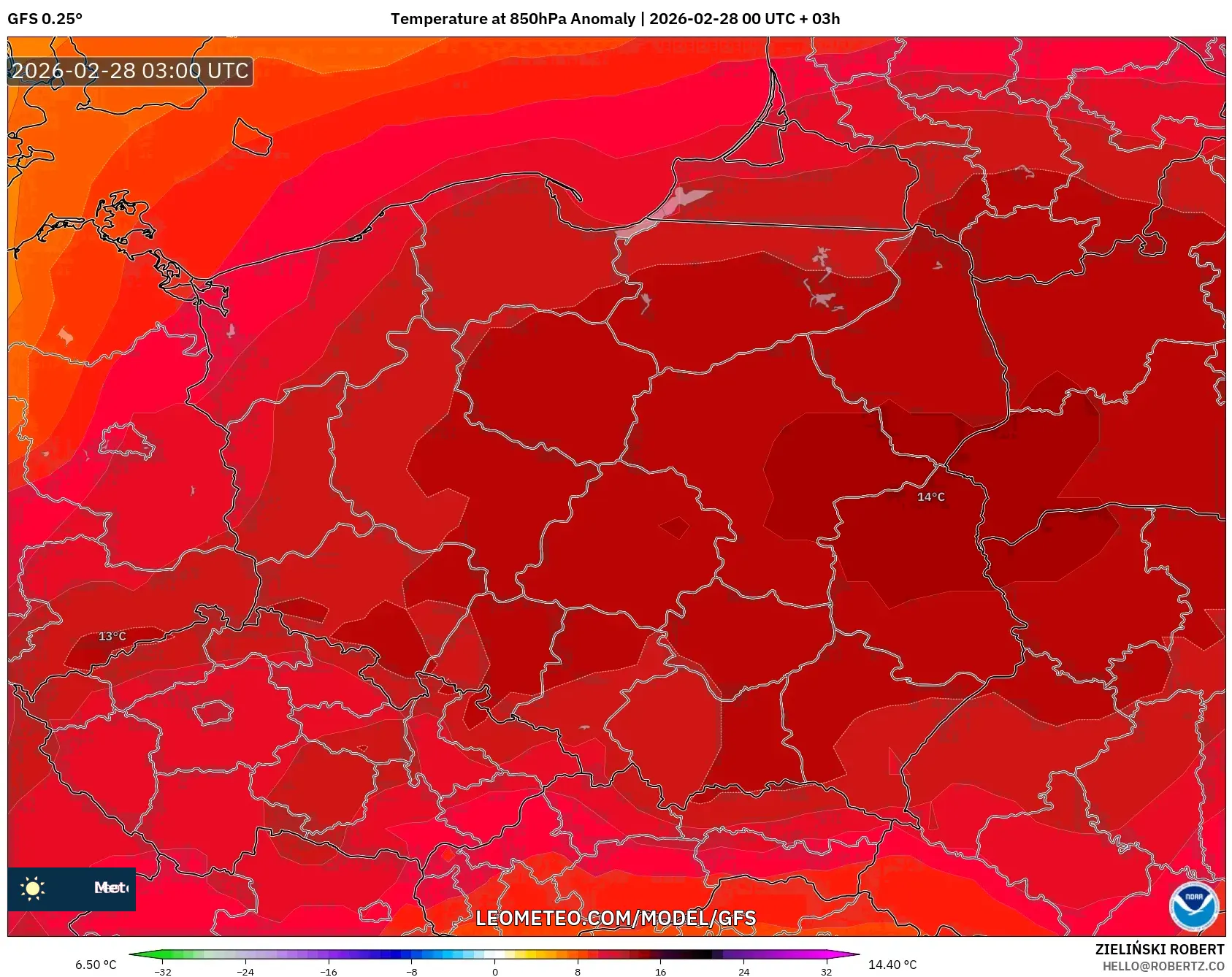 GFS model - Polonia, Anomalía de temperatura a 850 hPa