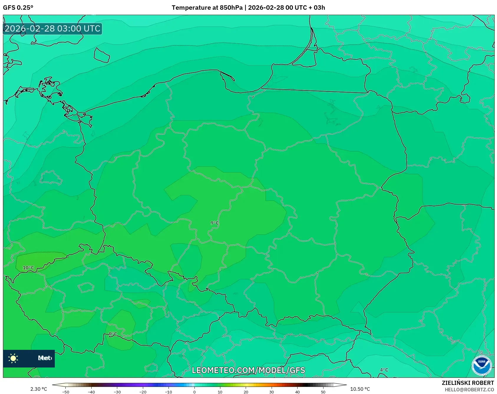 GFS model - Polonia, Temperatura a 850 hPa