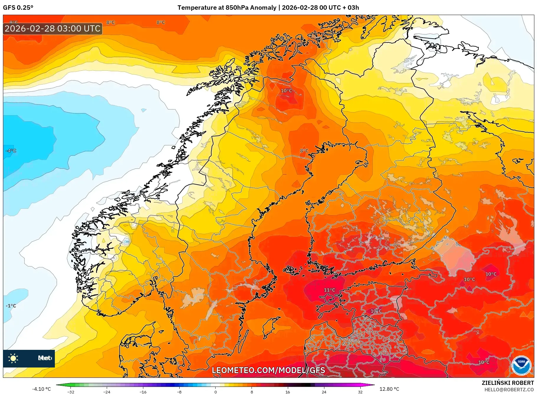 GFS model - Escandinavia, Anomalía de temperatura a 850 hPa