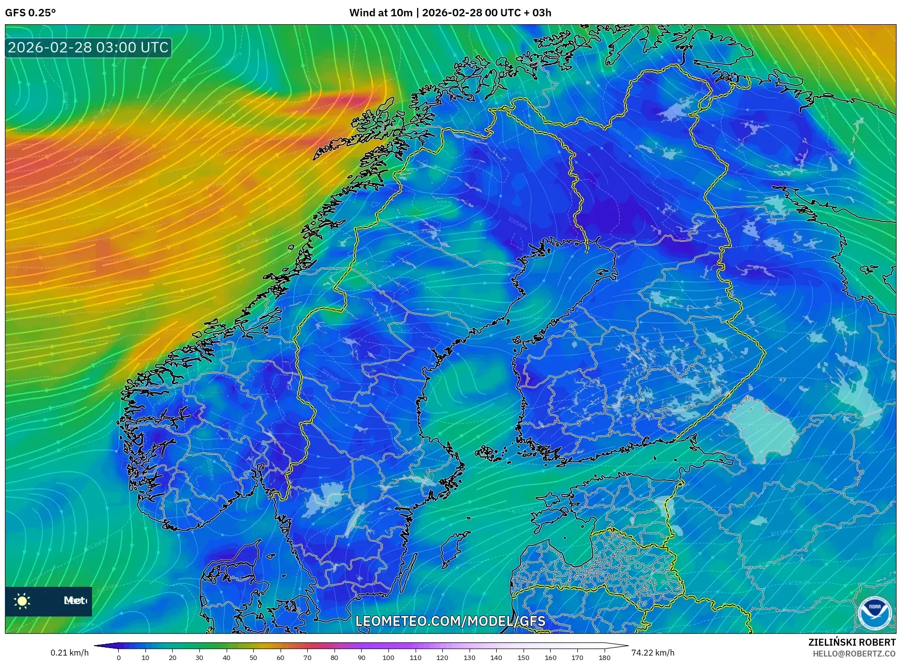 GFS model - Escandinavia, Viento a 10 m