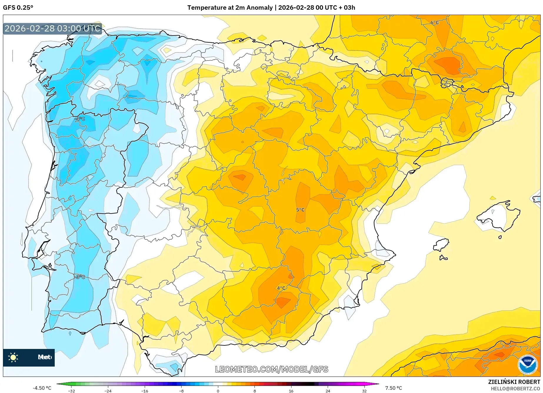GFS model - España, Anomalía de temperatura a 2 m