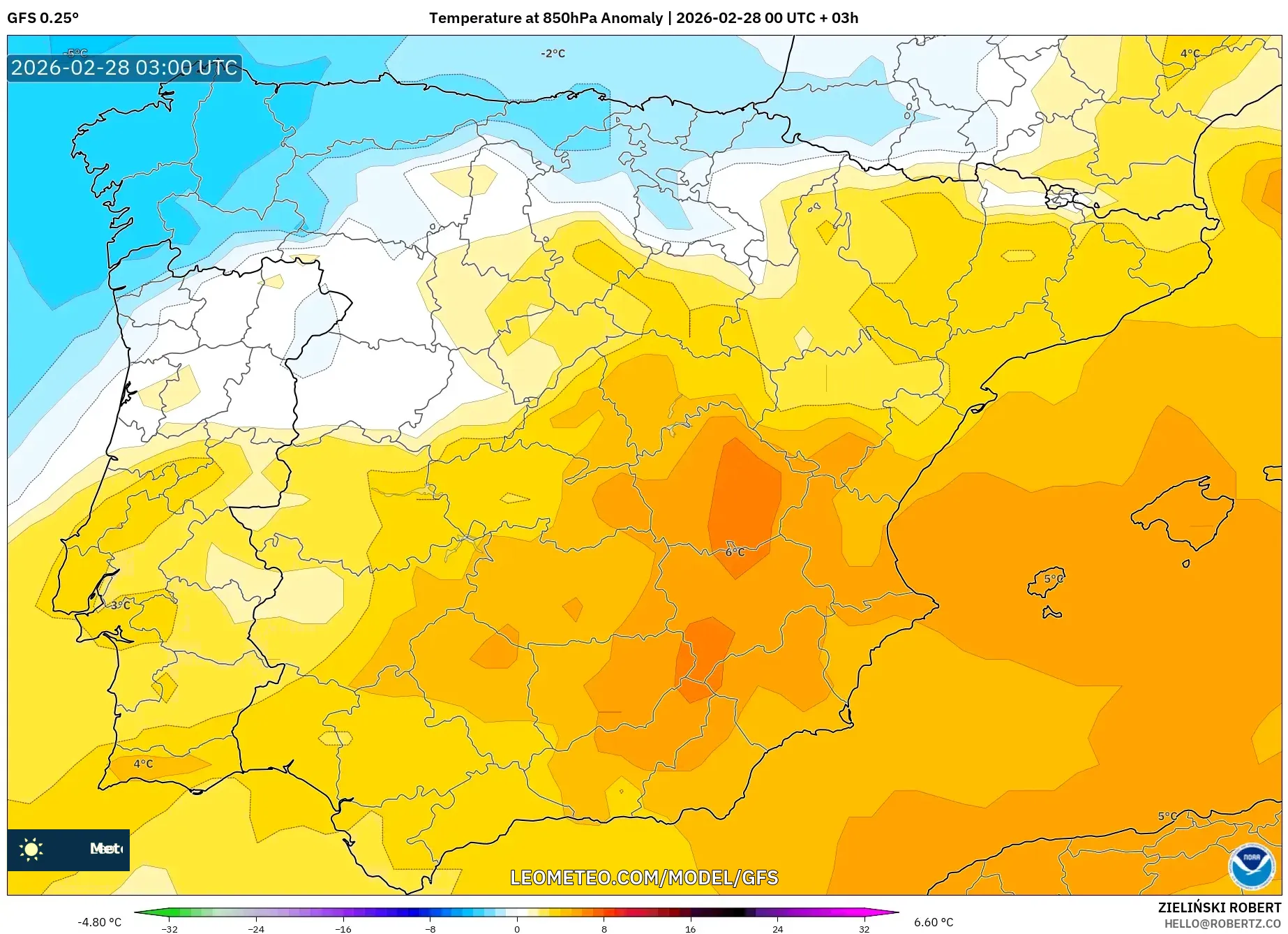 GFS model - España, Anomalía de temperatura a 850 hPa