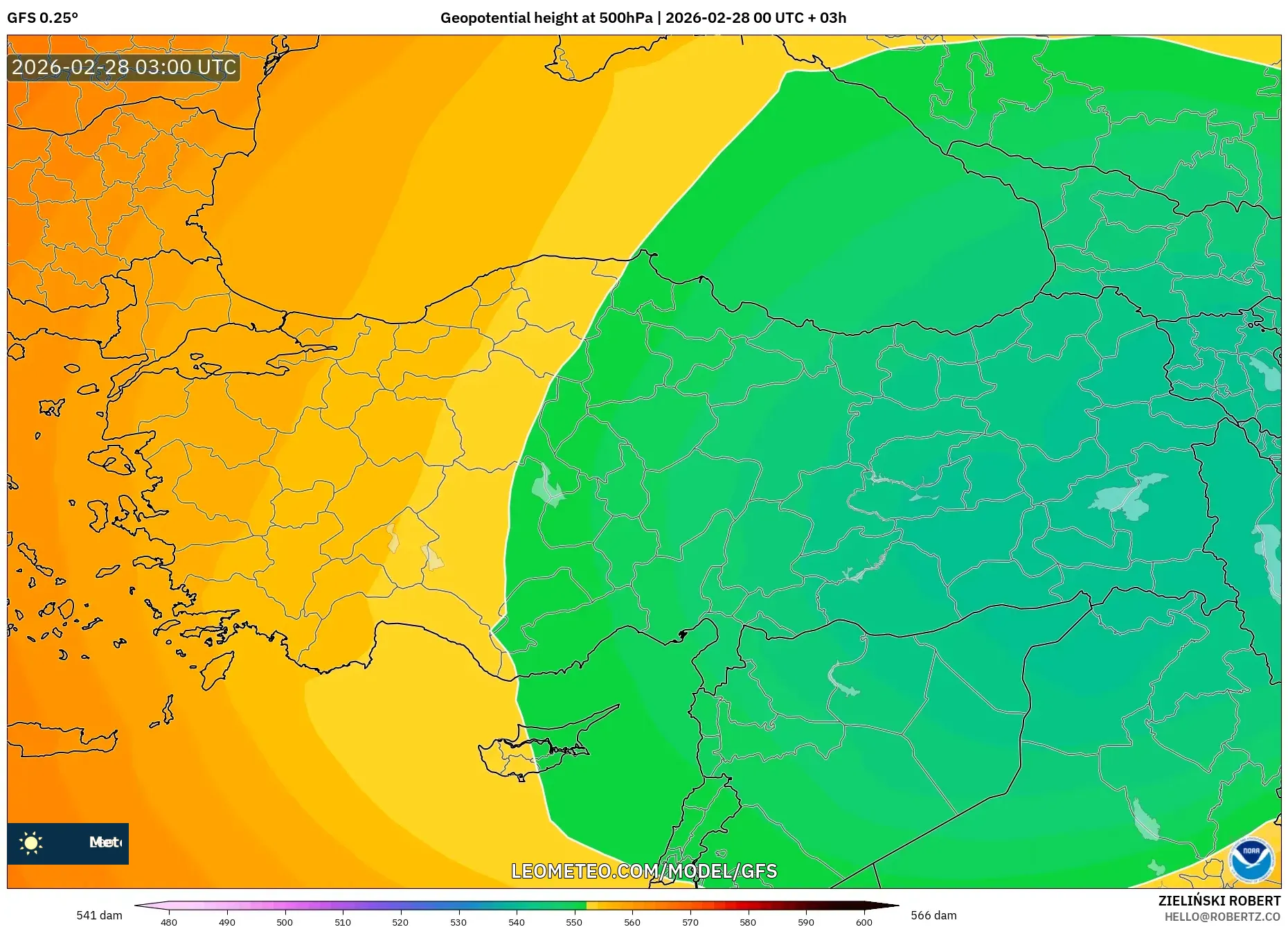 GFS model - Turquía, Altura geopotencial a 500 hPa