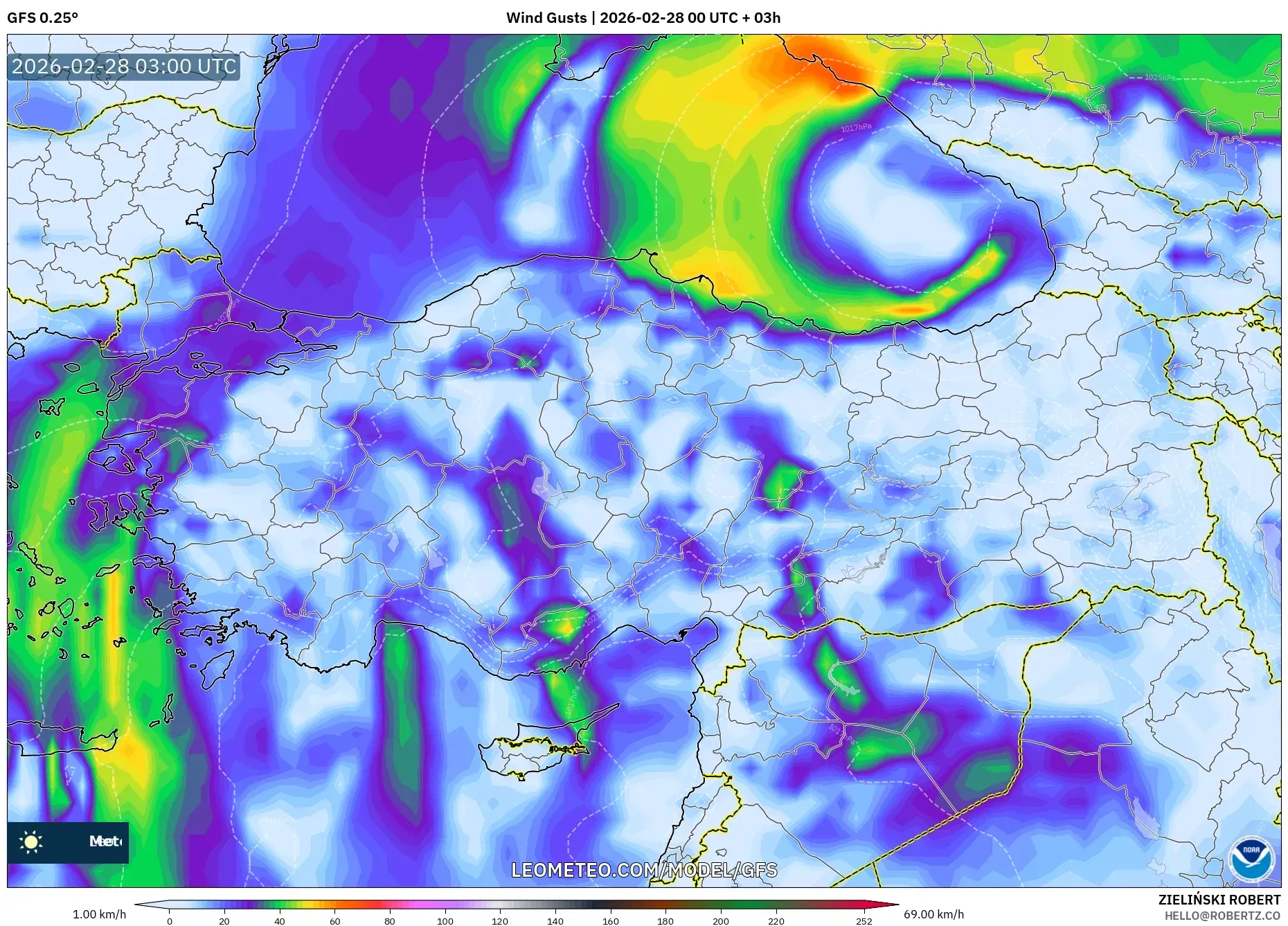 GFS model - Turquía, Ráfagas de viento