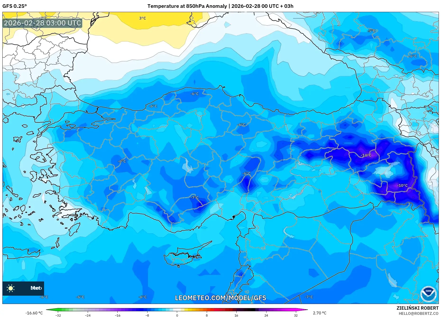 GFS model - Turquía, Anomalía de temperatura a 850 hPa