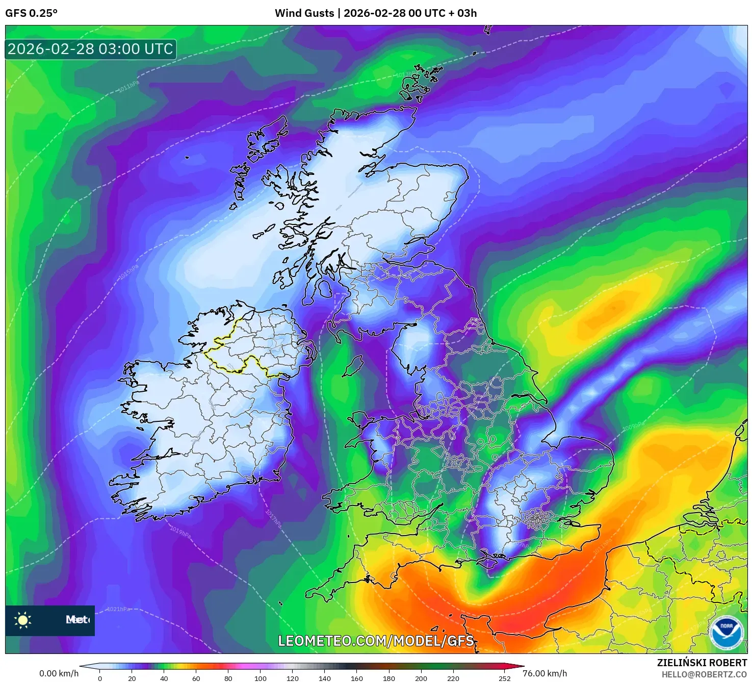 GFS model - Reino Unido, Ráfagas de viento