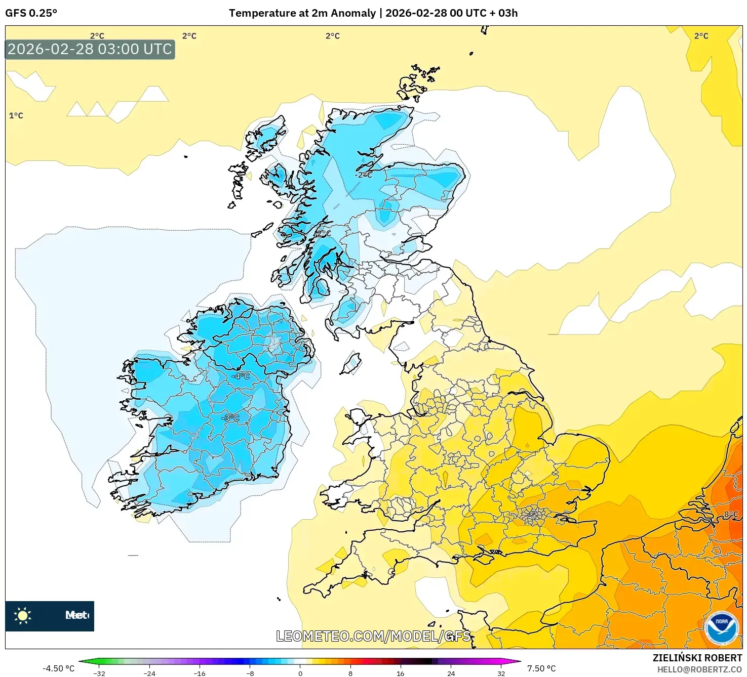 GFS model - Reino Unido, Anomalía de temperatura a 2 m