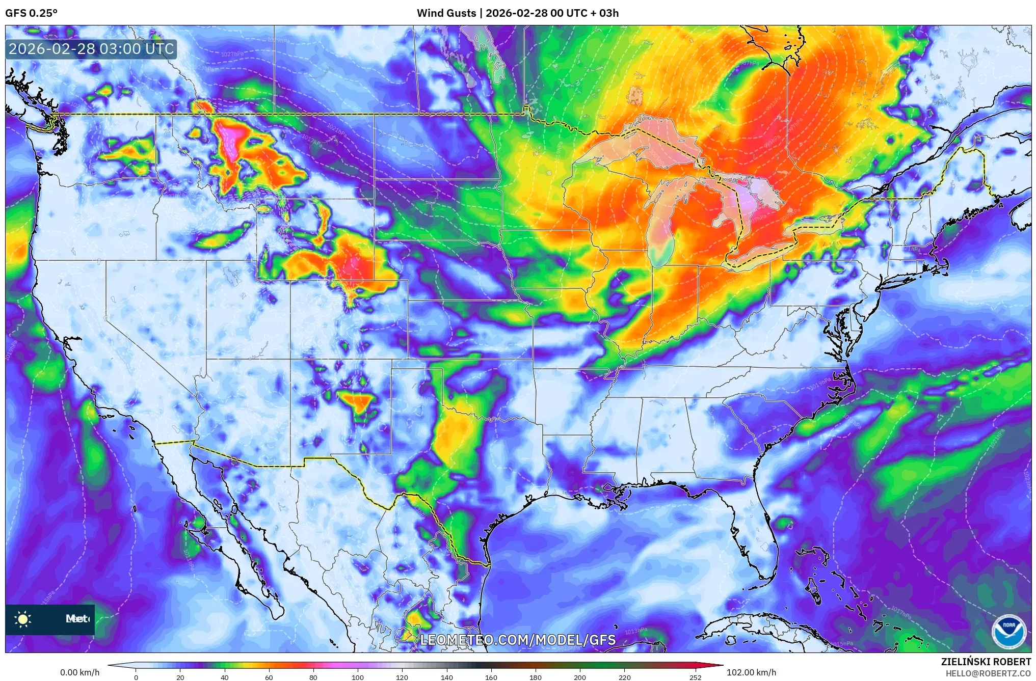 GFS model - Estados Unidos, Ráfagas de viento