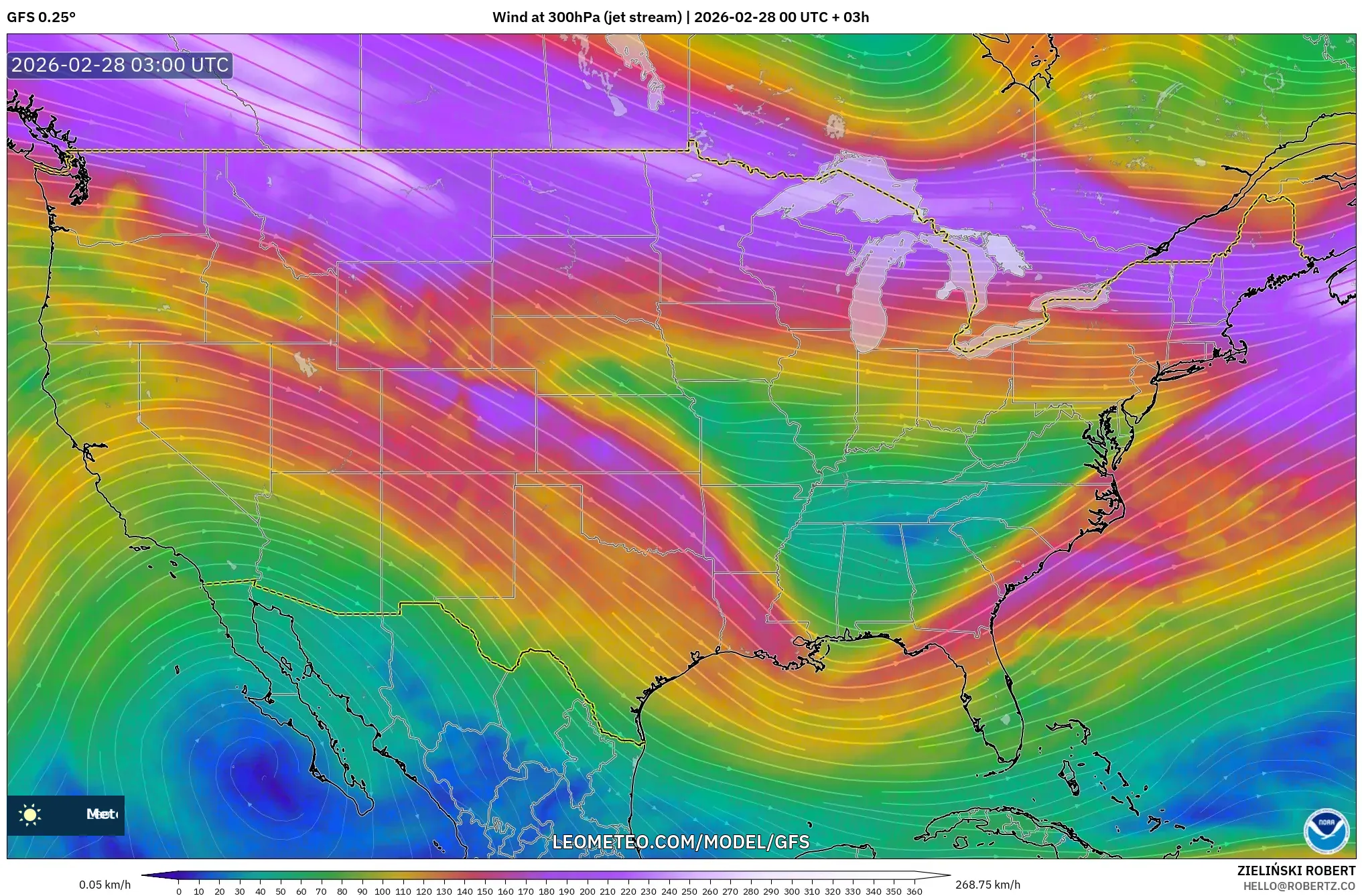 GFS model - Estados Unidos, Viento a 300 hPa (corriente en chorro)