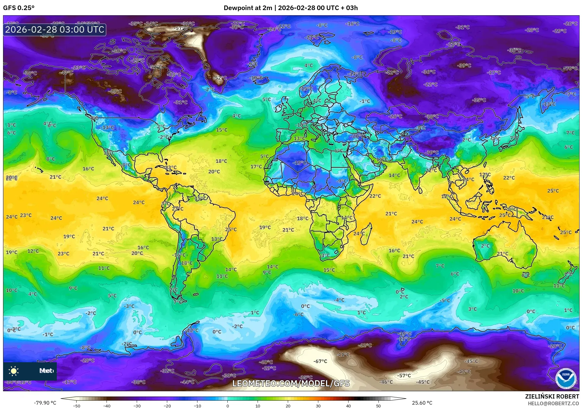 GFS model - Mundo, Punto de rocío a 2 m