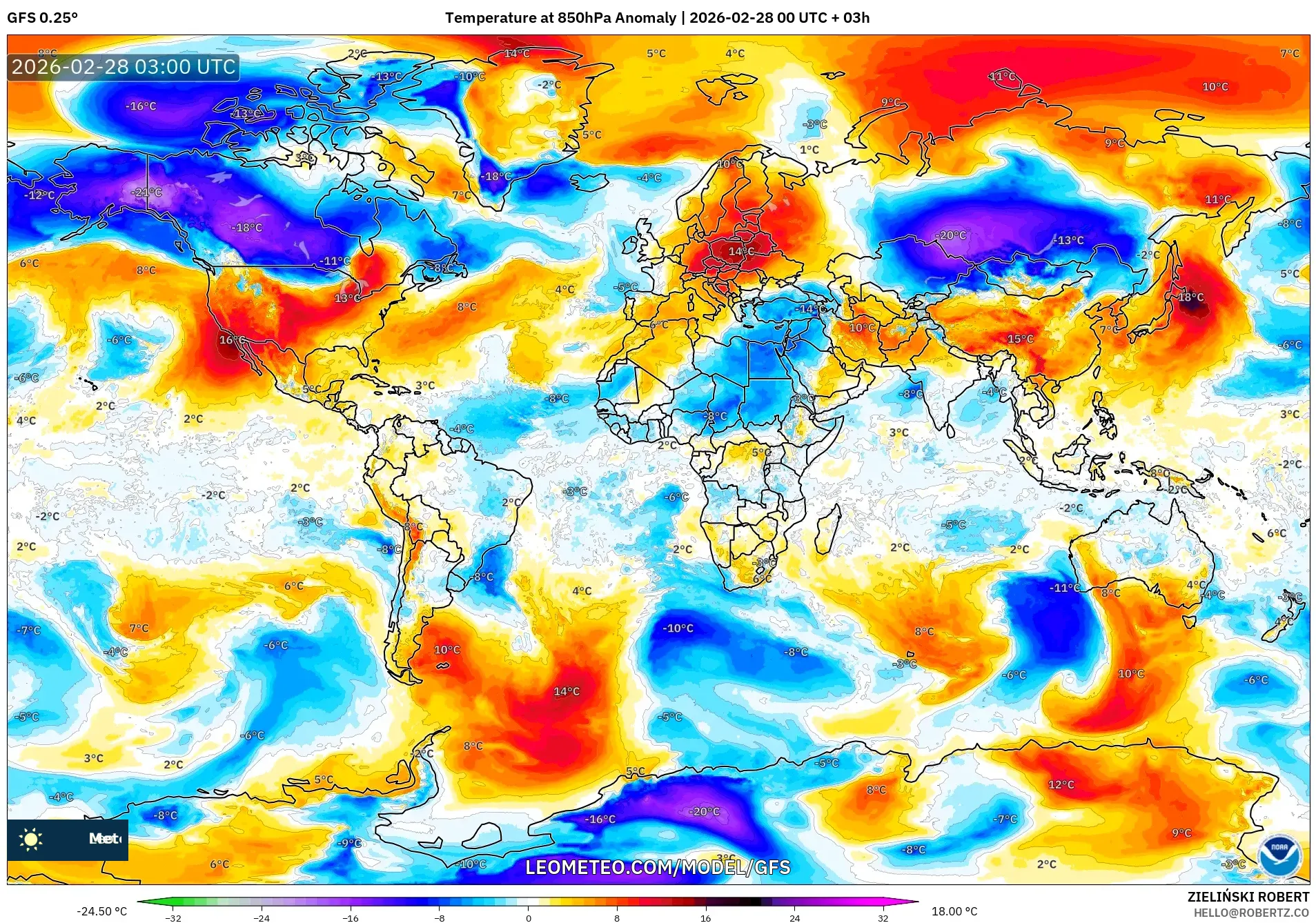 GFS model - Mundo, Anomalía de temperatura a 850 hPa