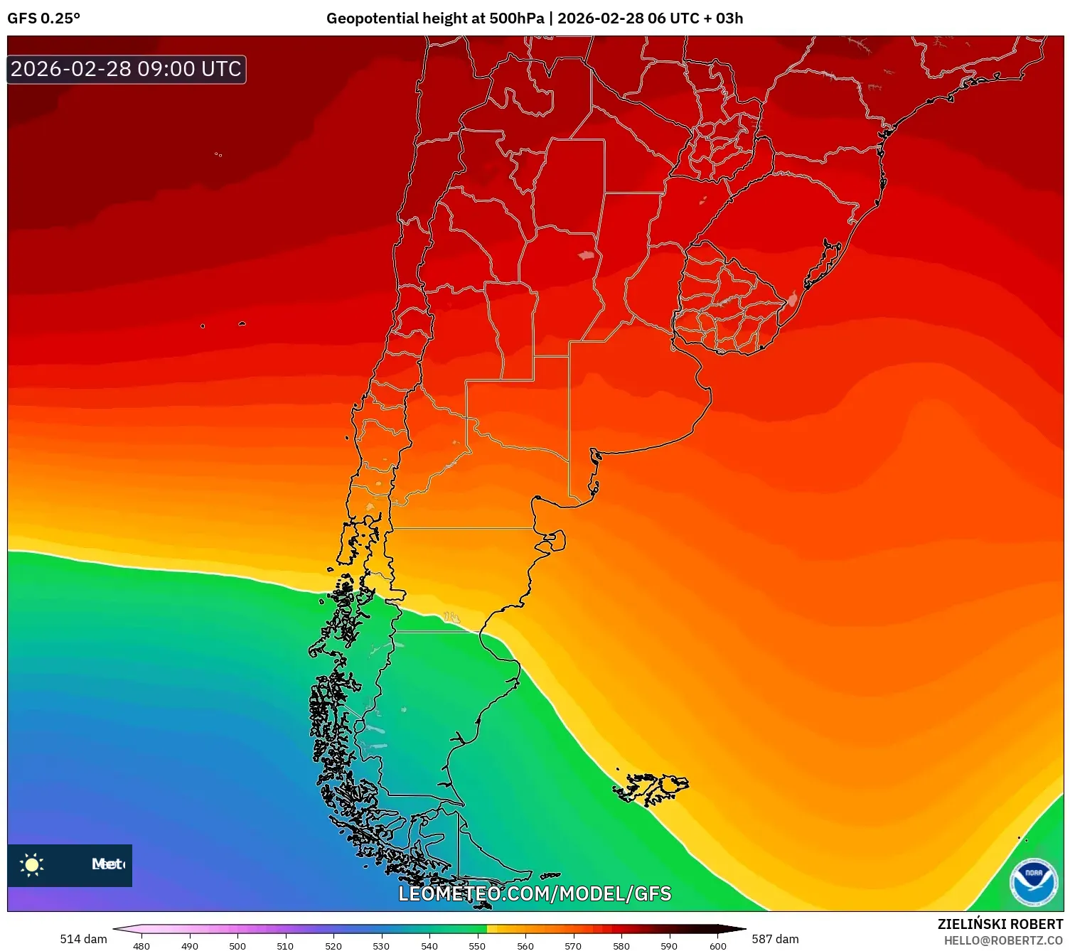 GFS model - Argentina, Altura geopotencial a 500 hPa