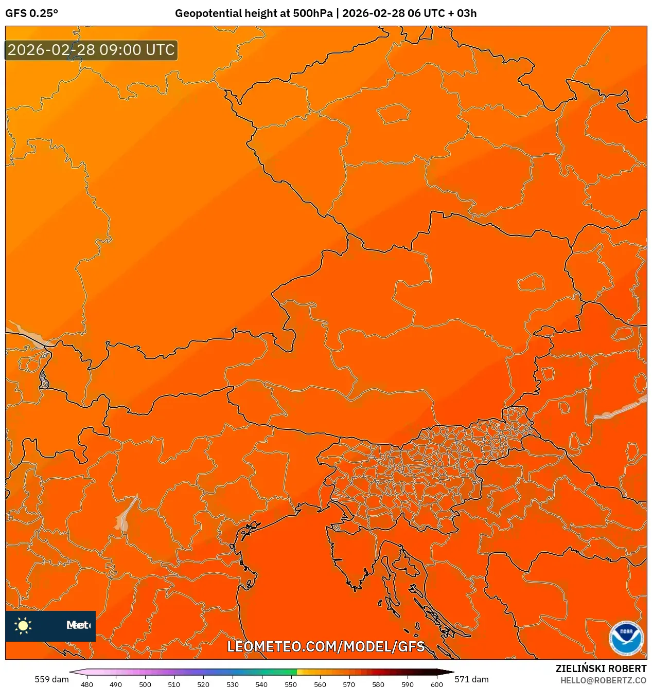 GFS model - Austria, Altura geopotencial a 500 hPa