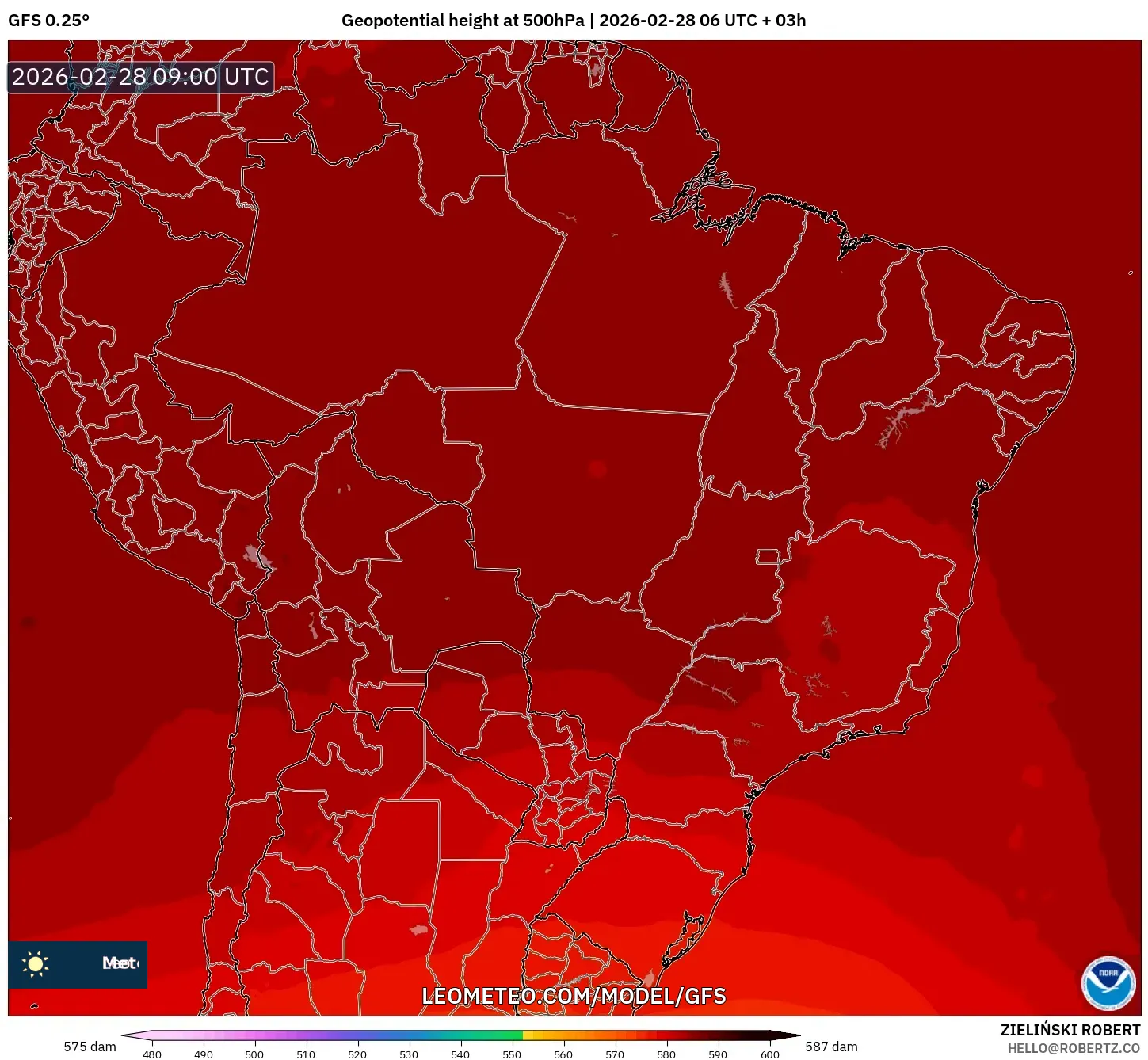GFS model - Brasil, Altura geopotencial a 500 hPa