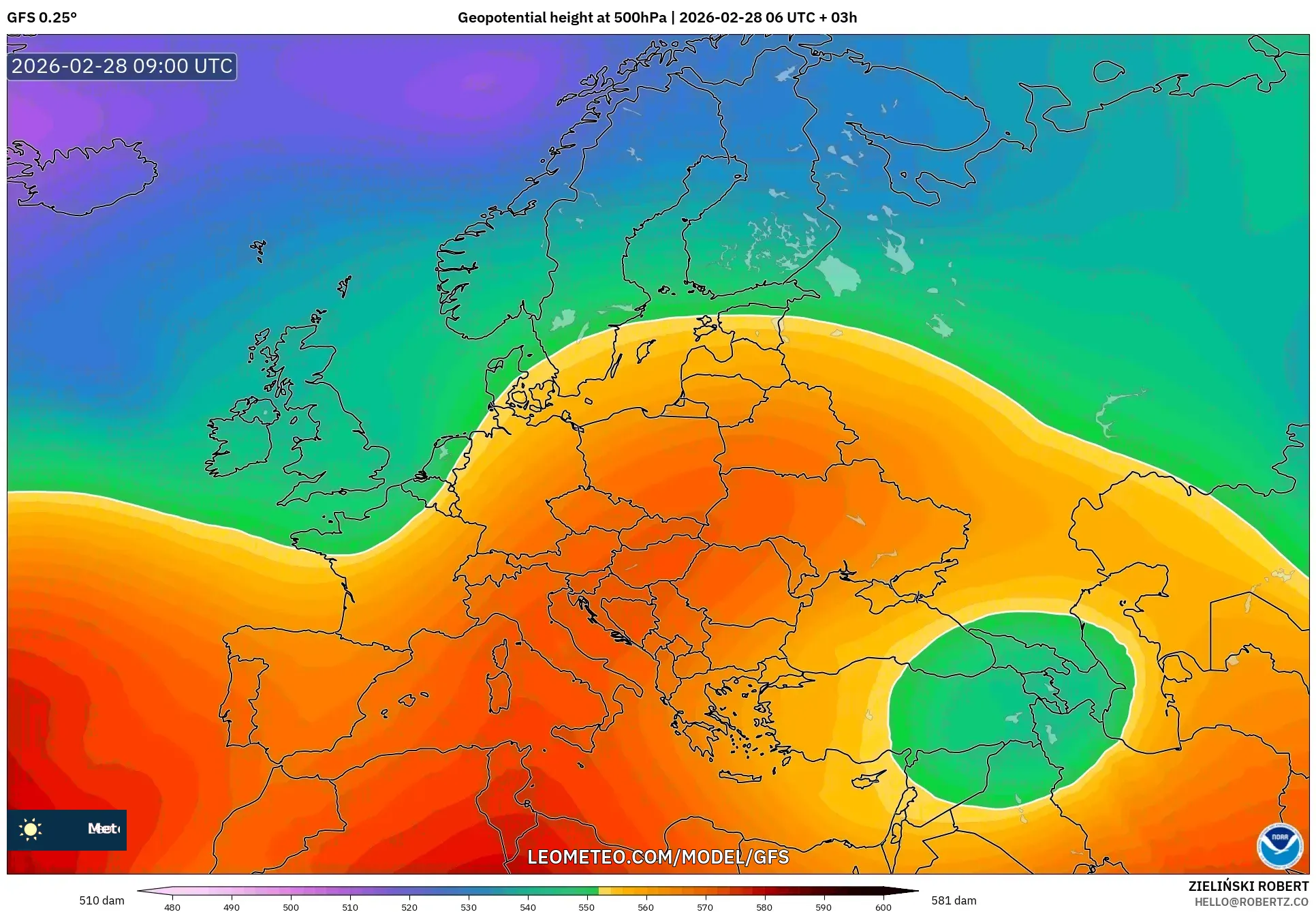 GFS model - Europa, Altura geopotencial a 500 hPa