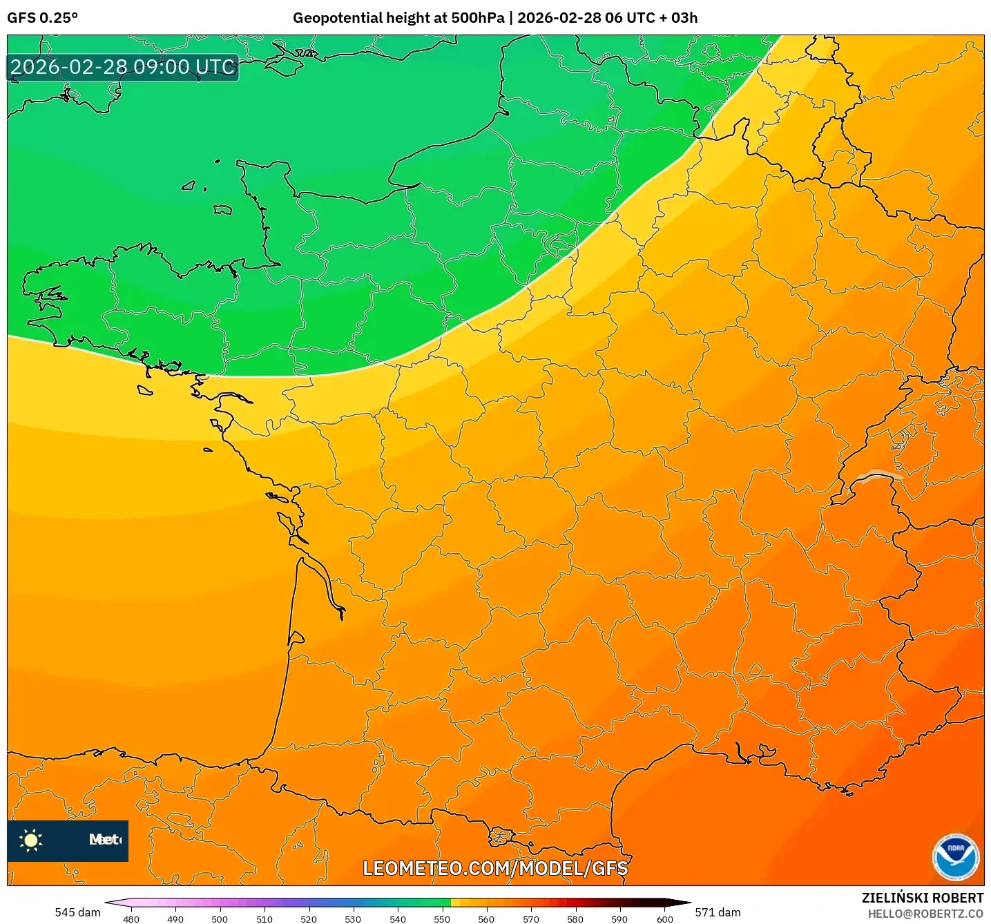 GFS model - Francia, Altura geopotencial a 500 hPa