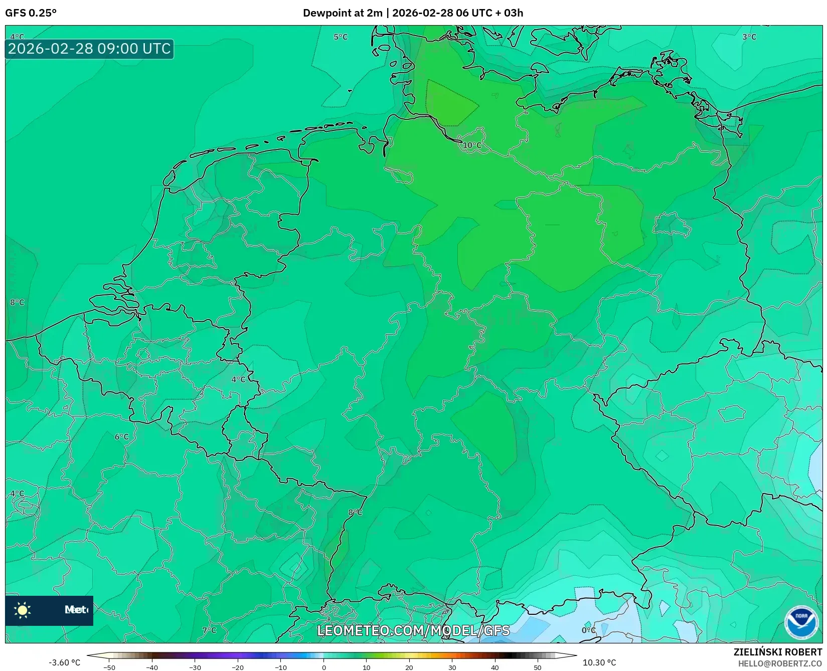 GFS model - Alemania, Punto de rocío a 2 m