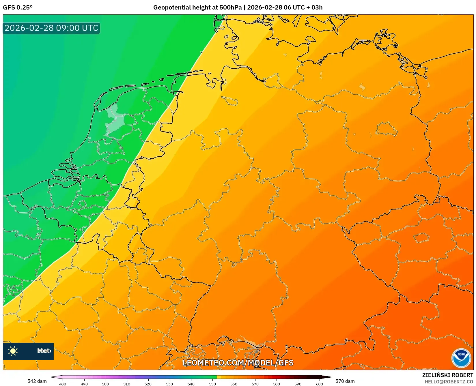 GFS model - Alemania, Altura geopotencial a 500 hPa