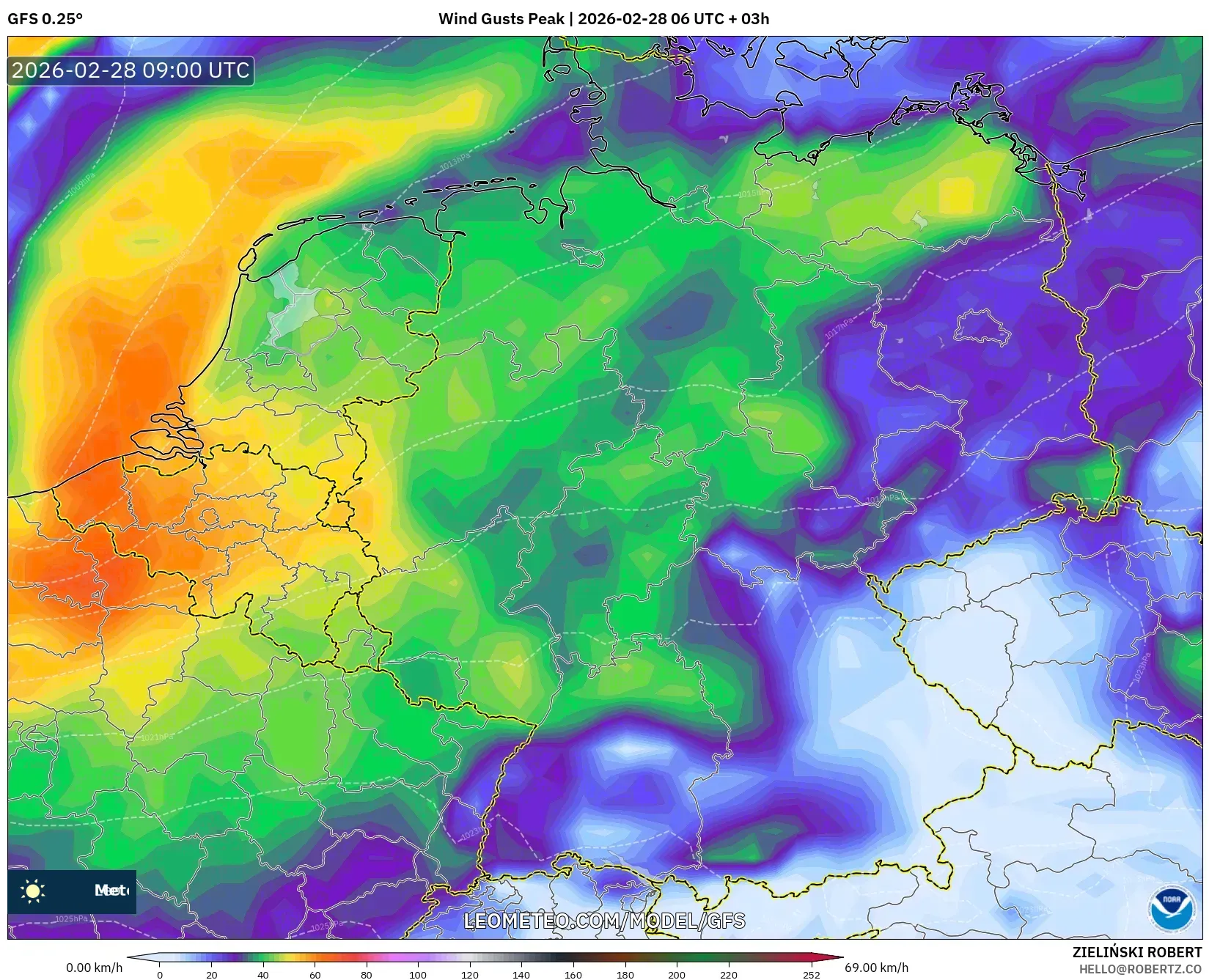 GFS model - Alemania, Ráfagas de Viento Máximas