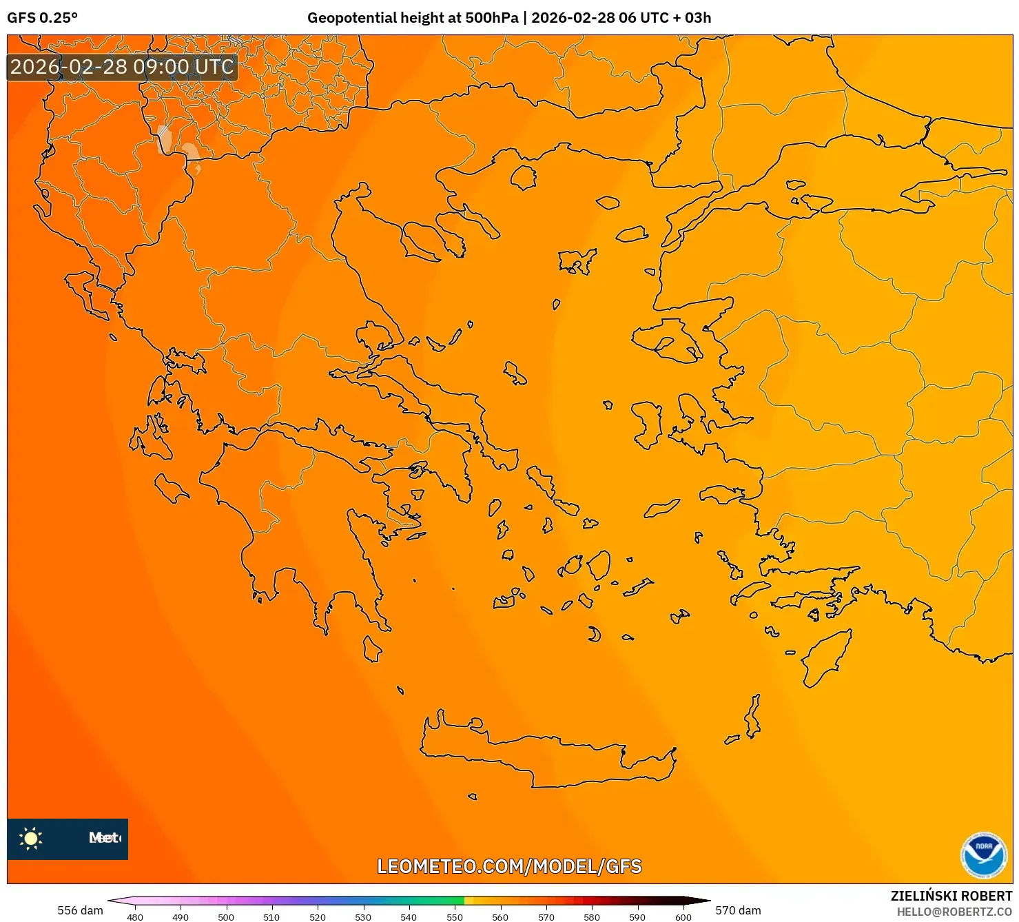 GFS model - Grecia, Altura geopotencial a 500 hPa