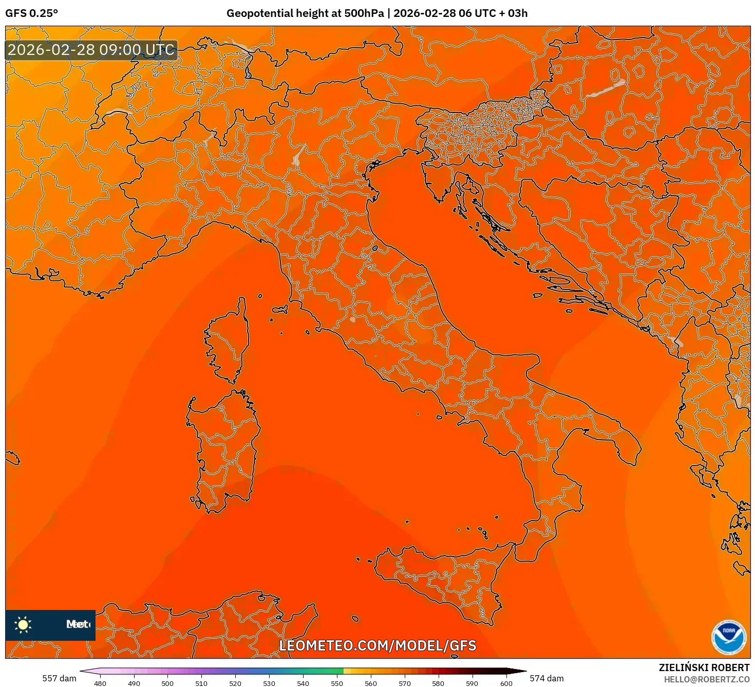 GFS model - Italia, Altura geopotencial a 500 hPa