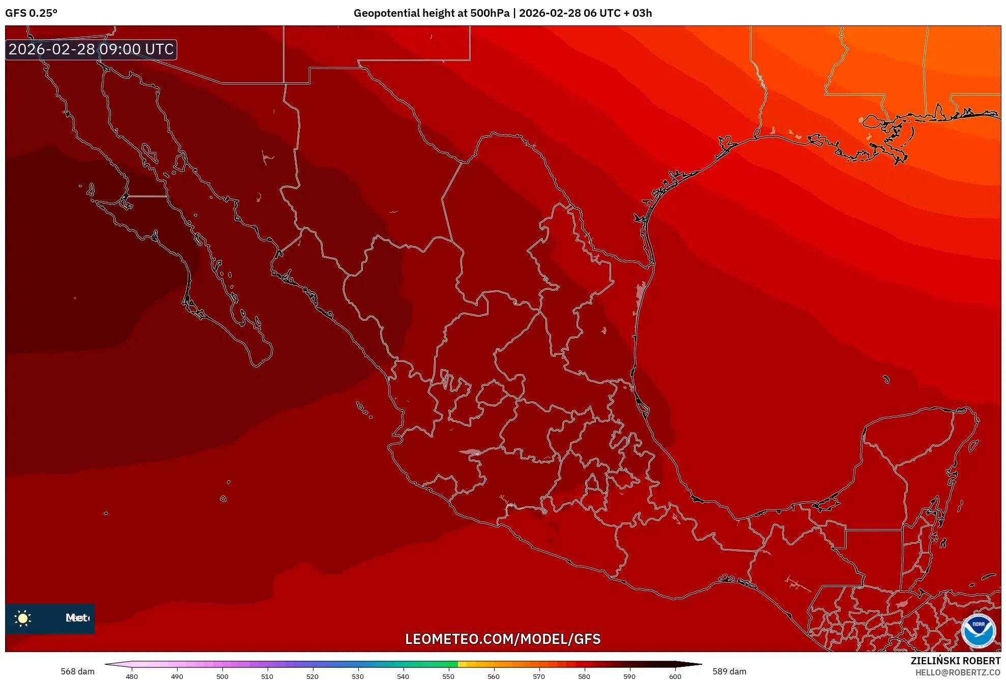 GFS model - México, Altura geopotencial a 500 hPa