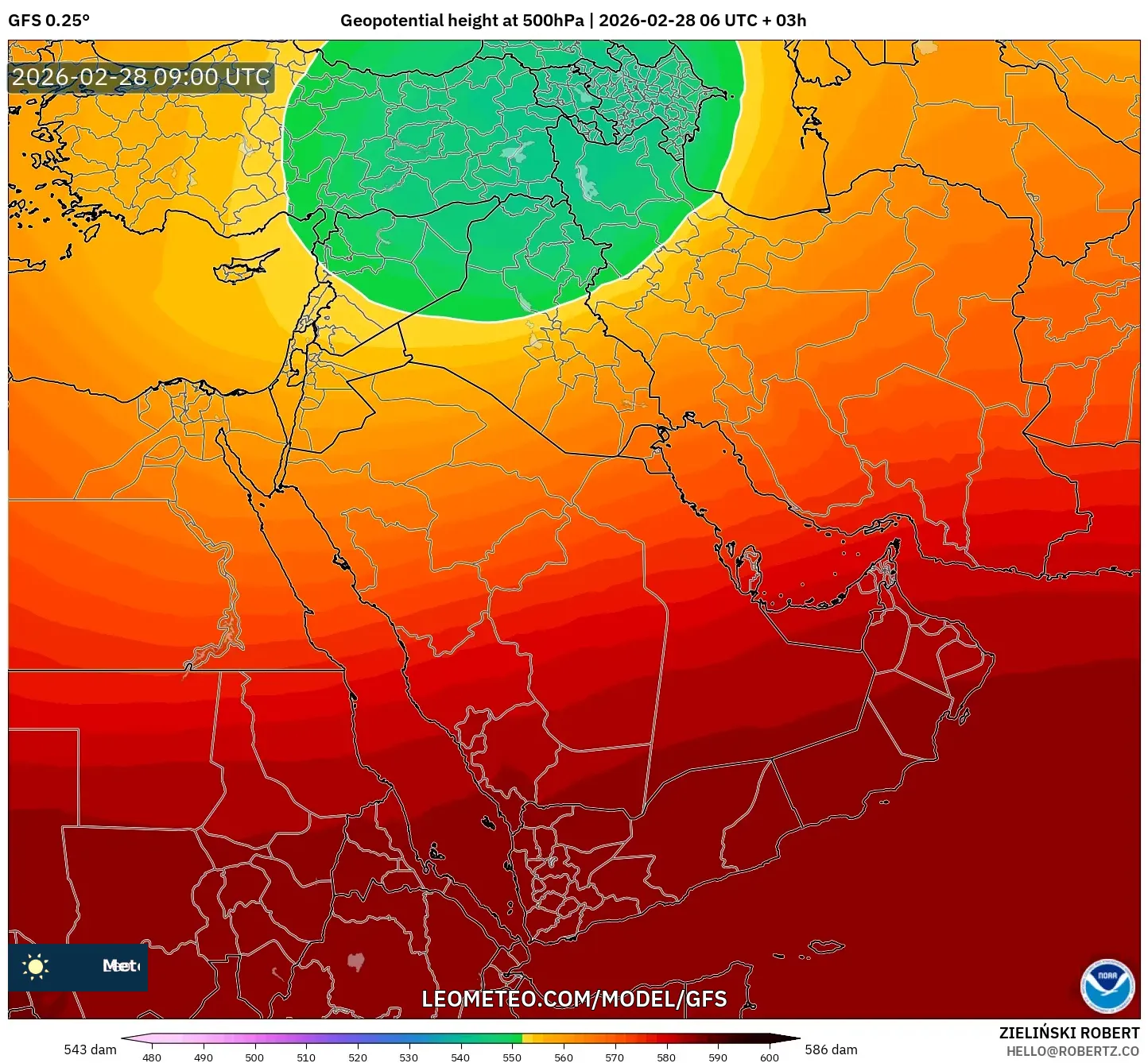 GFS model - Oriente Medio, Altura geopotencial a 500 hPa