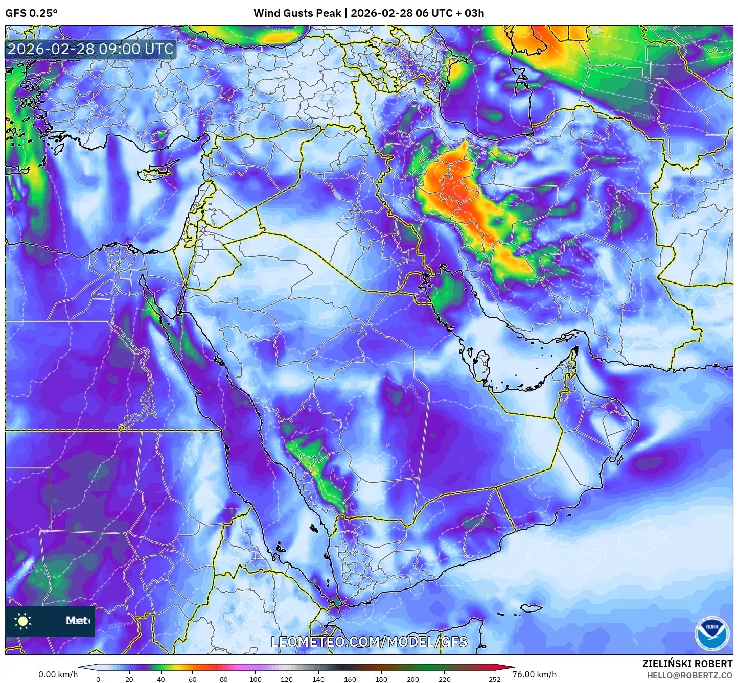 GFS model - Oriente Medio, Ráfagas de Viento Máximas