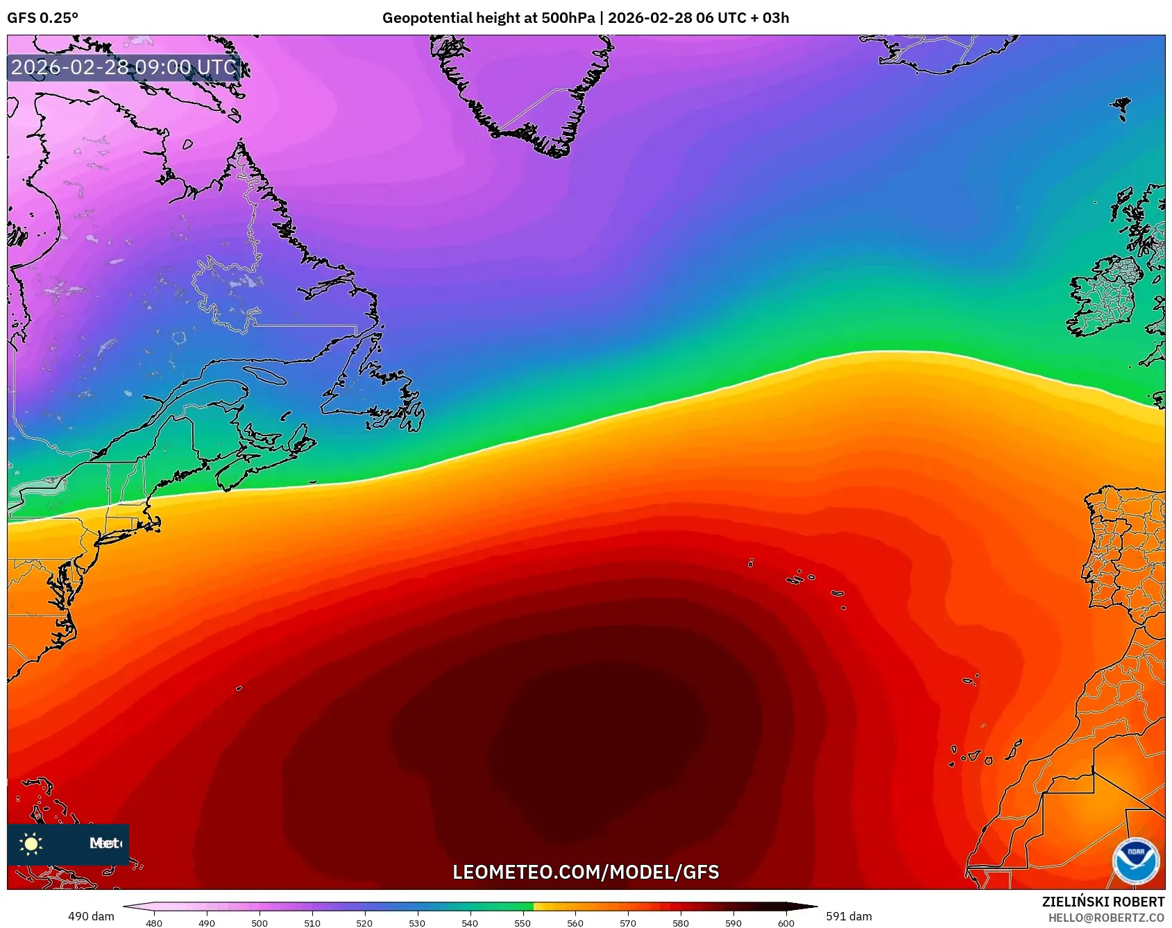GFS model - Norte Atlántico, Altura geopotencial a 500 hPa