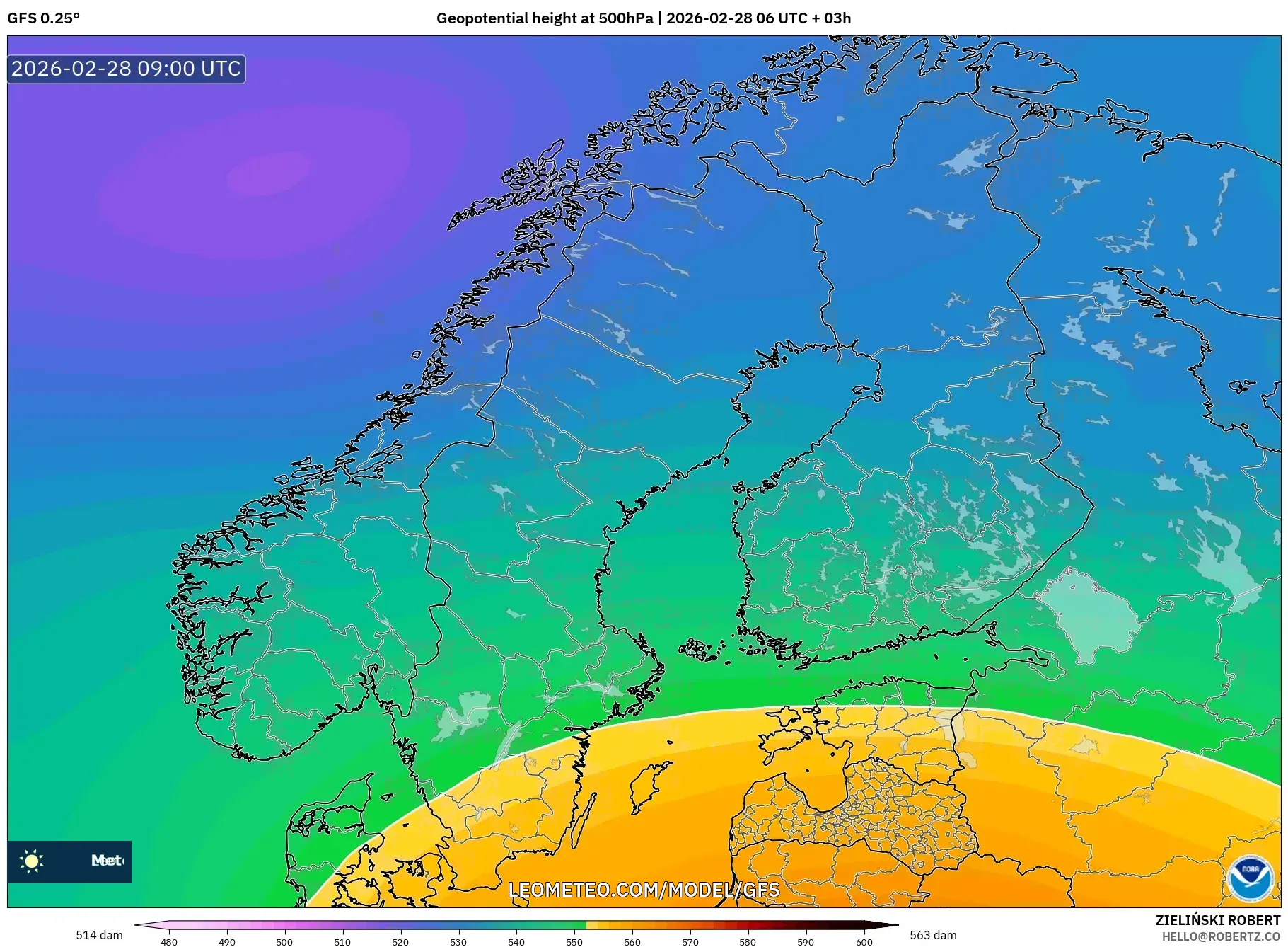 GFS model - Escandinavia, Altura geopotencial a 500 hPa