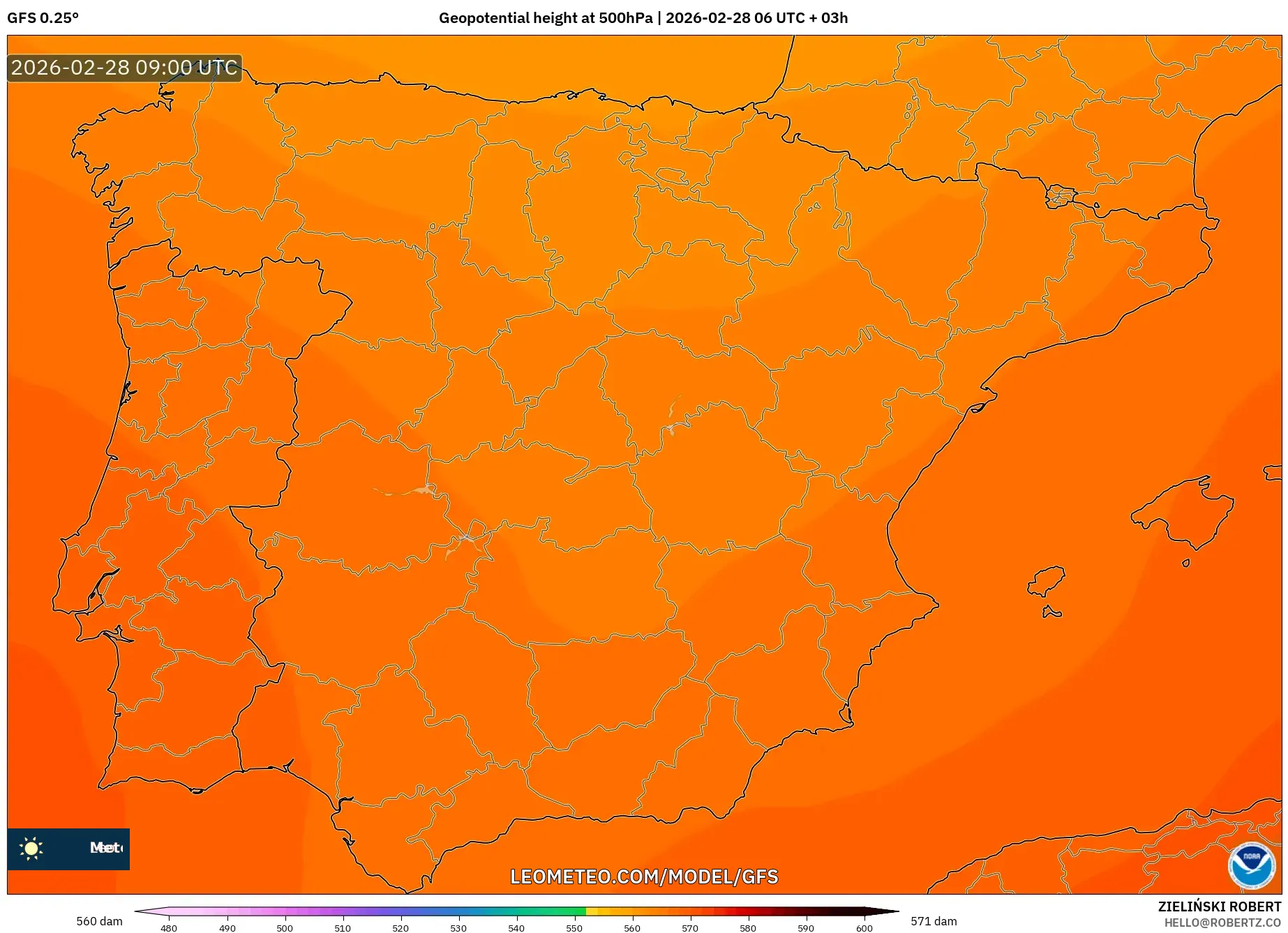 GFS model - España, Altura geopotencial a 500 hPa