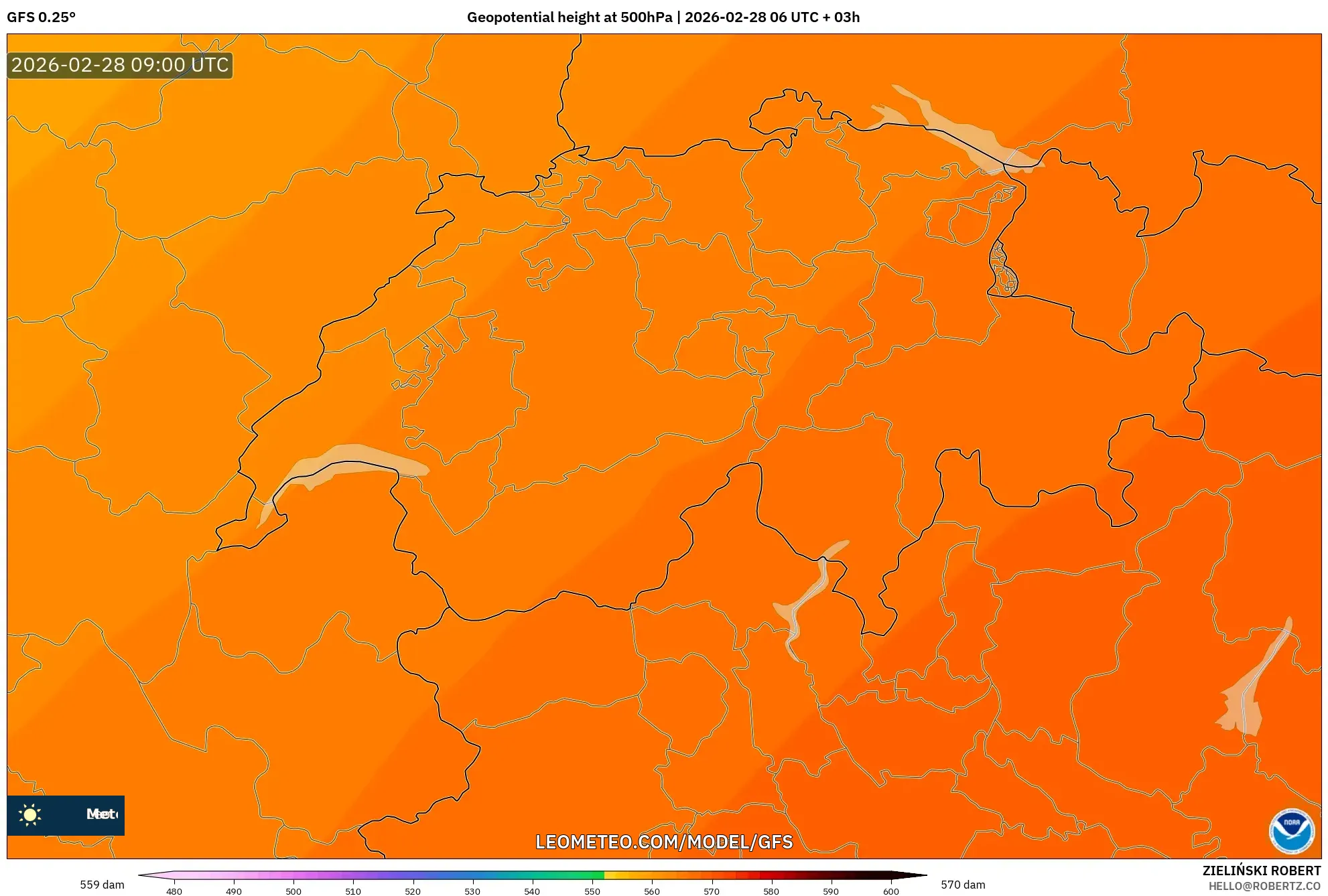 GFS model - Suiza, Altura geopotencial a 500 hPa