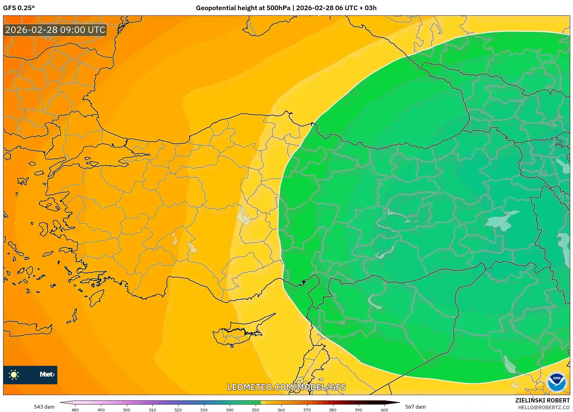 GFS model - Turquía, Altura geopotencial a 500 hPa